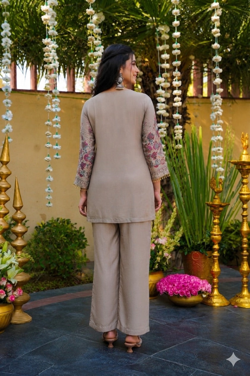 Stone Grey Floral Embroidered Art Silk Kurta with Pant