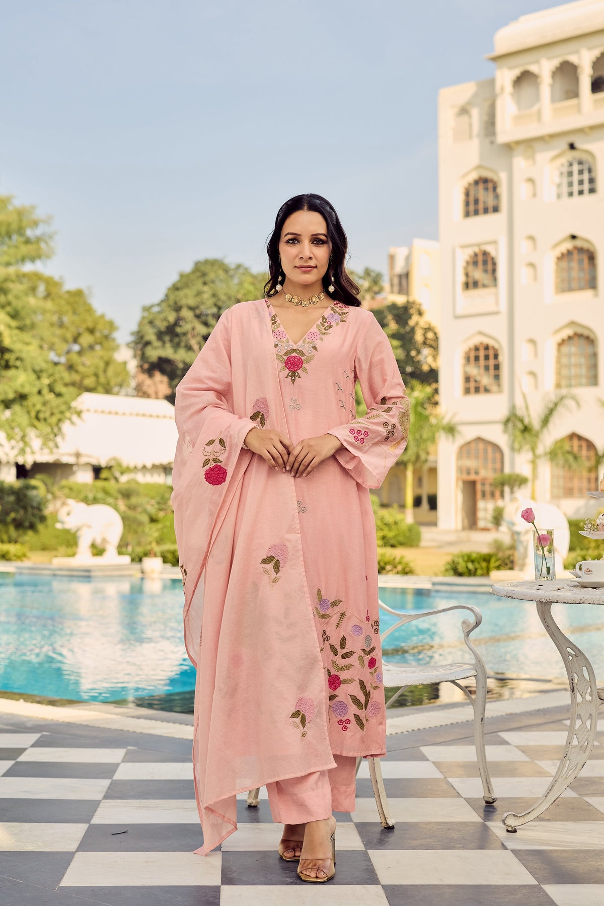 Peach Embroidered Straight Kurta Suit Set for Women