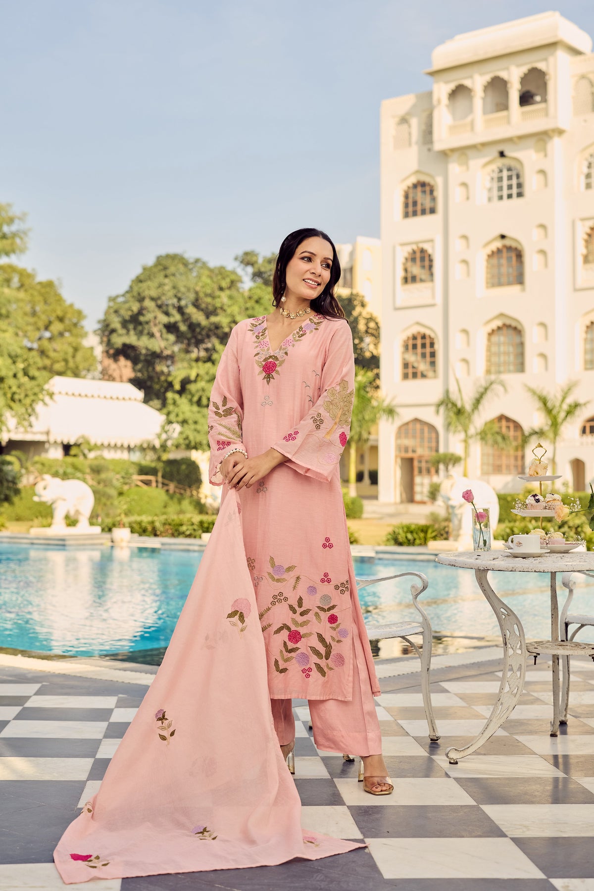 Peach Embroidered Straight Kurta Suit Set for Women