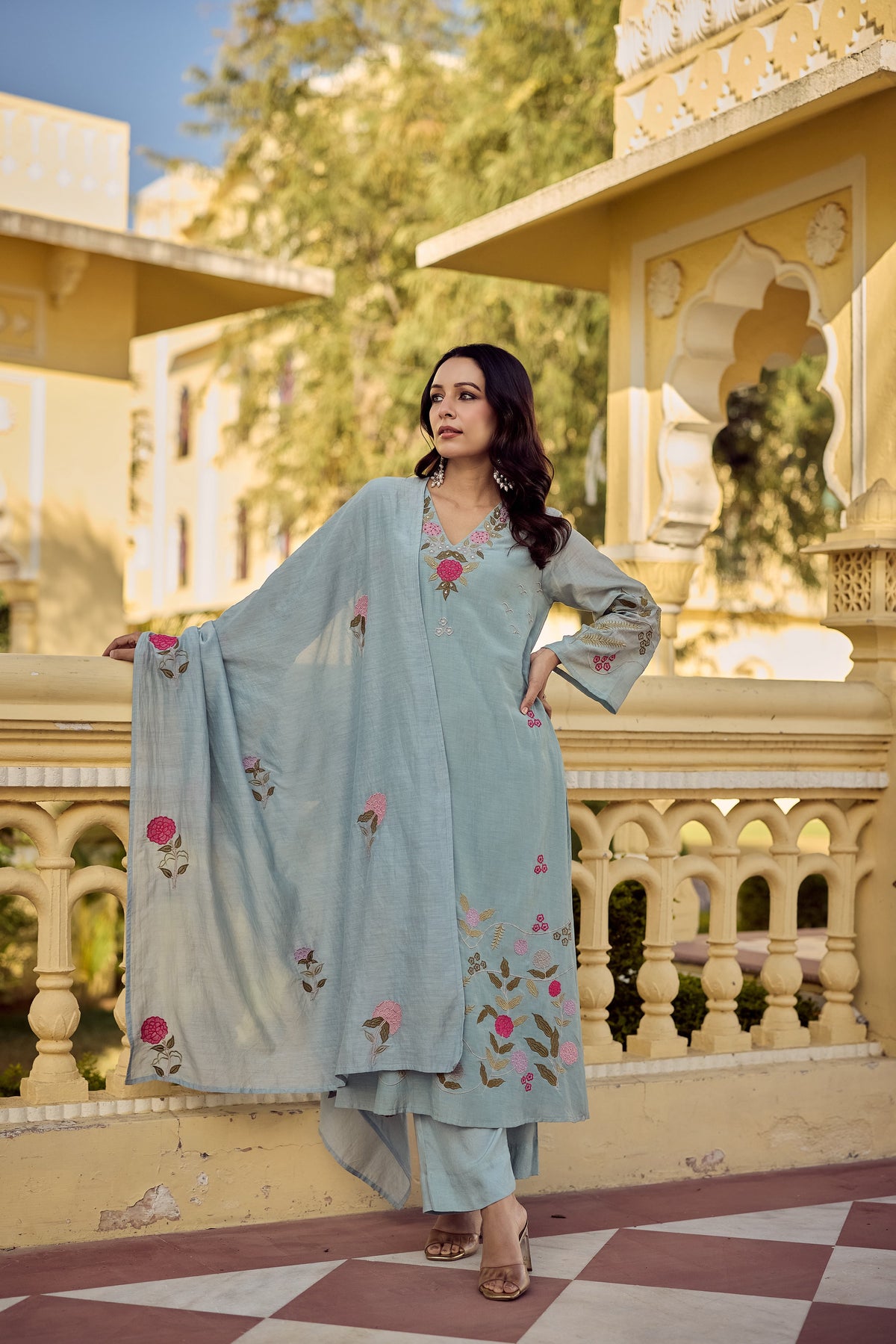 Sky Blue Embroidered Straight Kurta Suit Set for Women