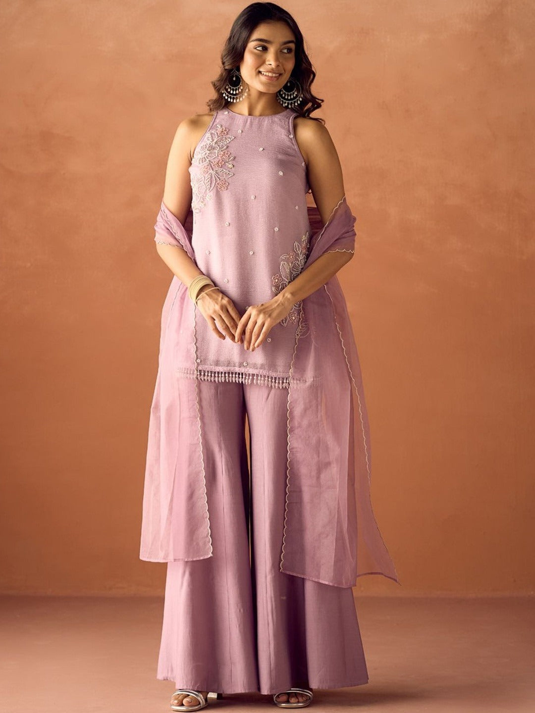 Women's Lavender Crush Organza Hand-Worked Straight Kurta Set with Dupatta