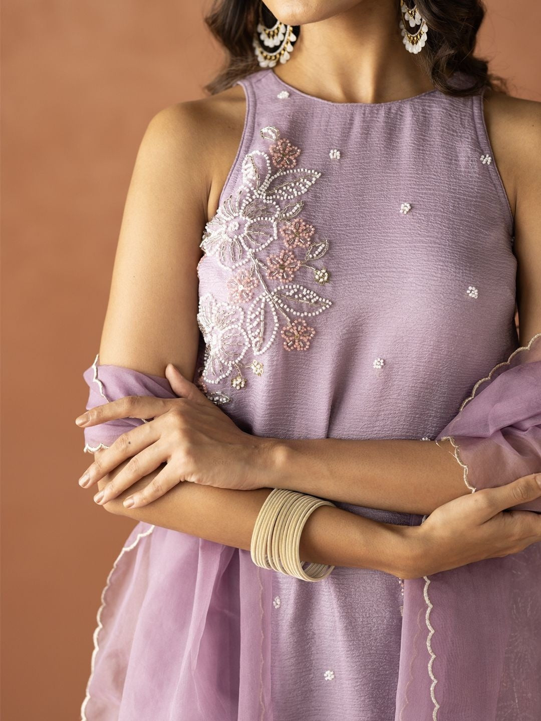 Women's Lavender Crush Organza Hand-Worked Straight Kurta Set with Dupatta