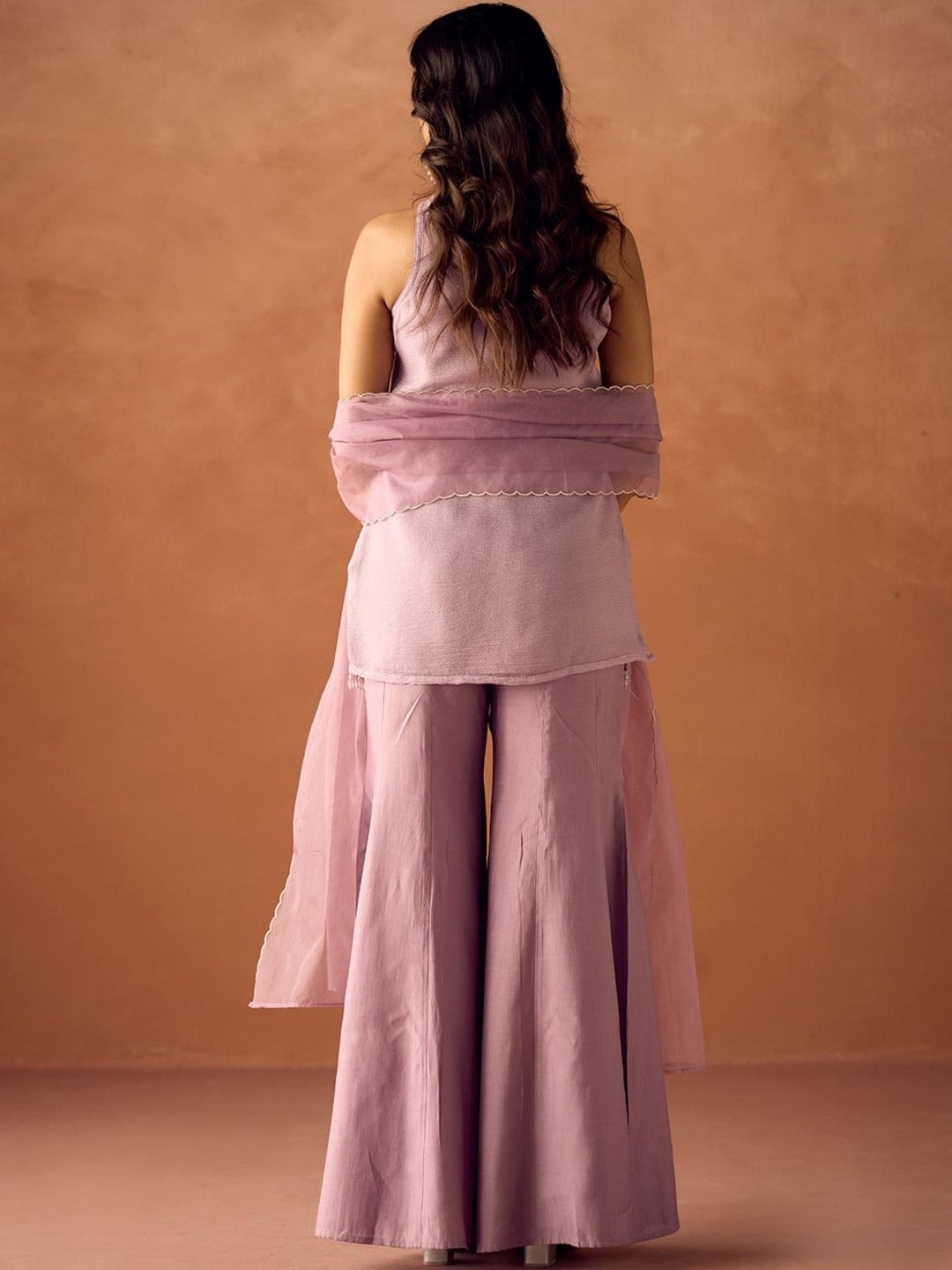 Women's Lavender Crush Organza Hand-Worked Straight Kurta Set with Dupatta