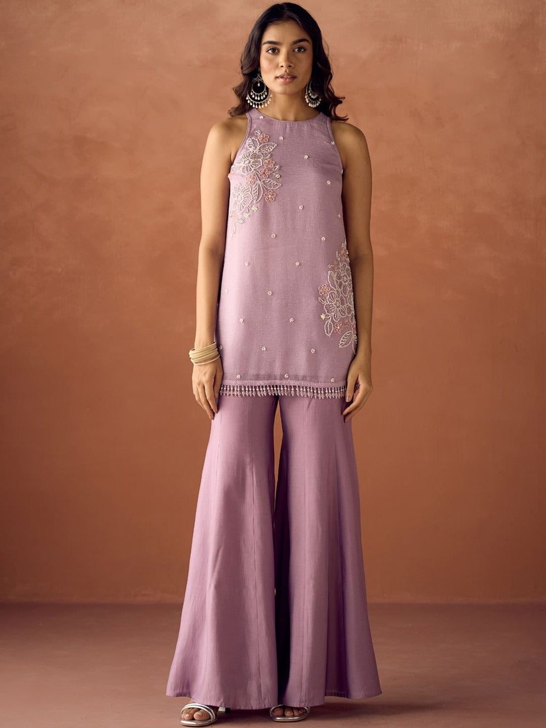 Women's Lavender Crush Organza Hand-Worked Straight Kurta Set with Dupatta