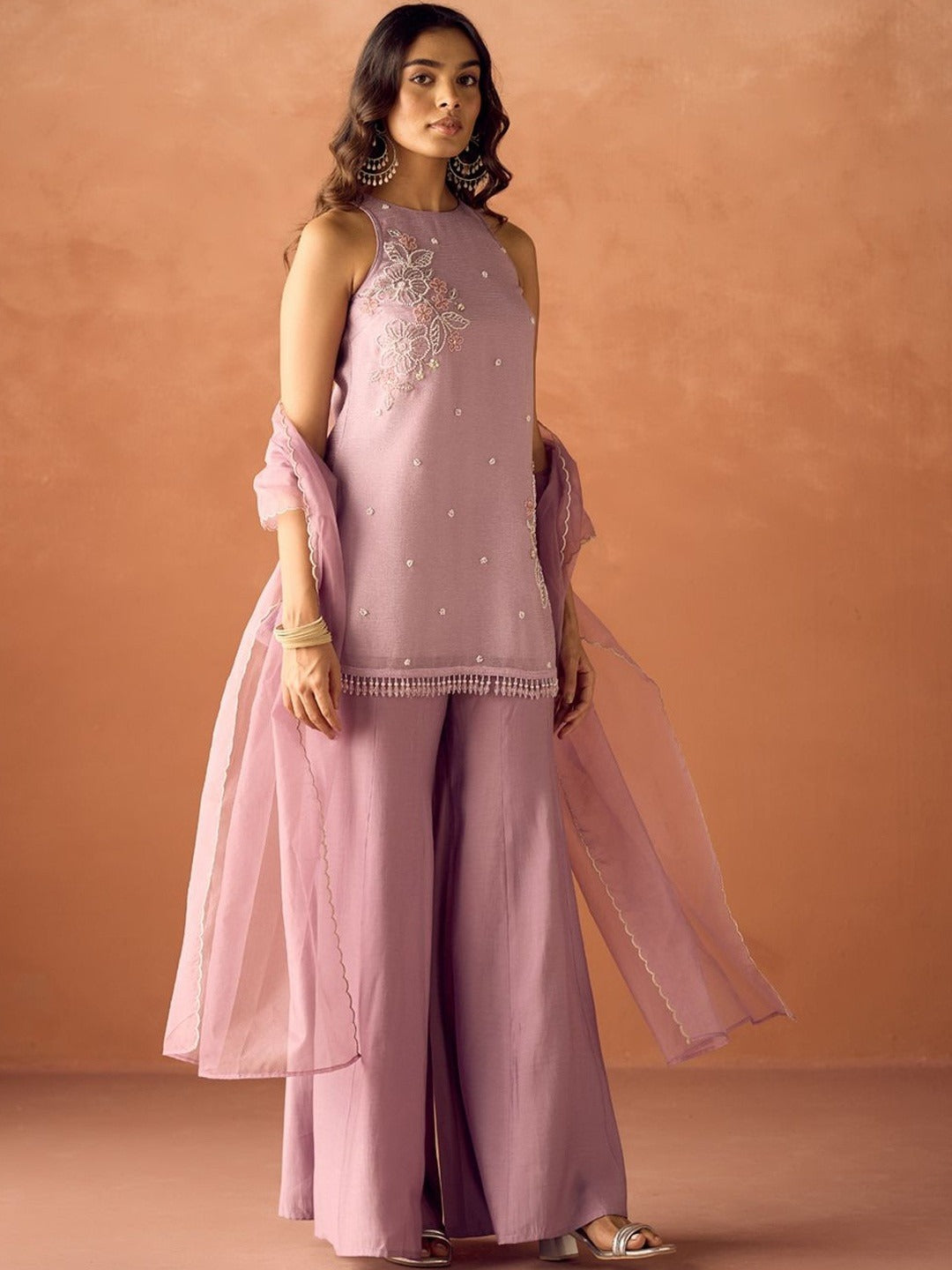 Women's Lavender Crush Organza Hand-Worked Straight Kurta Set with Dupatta