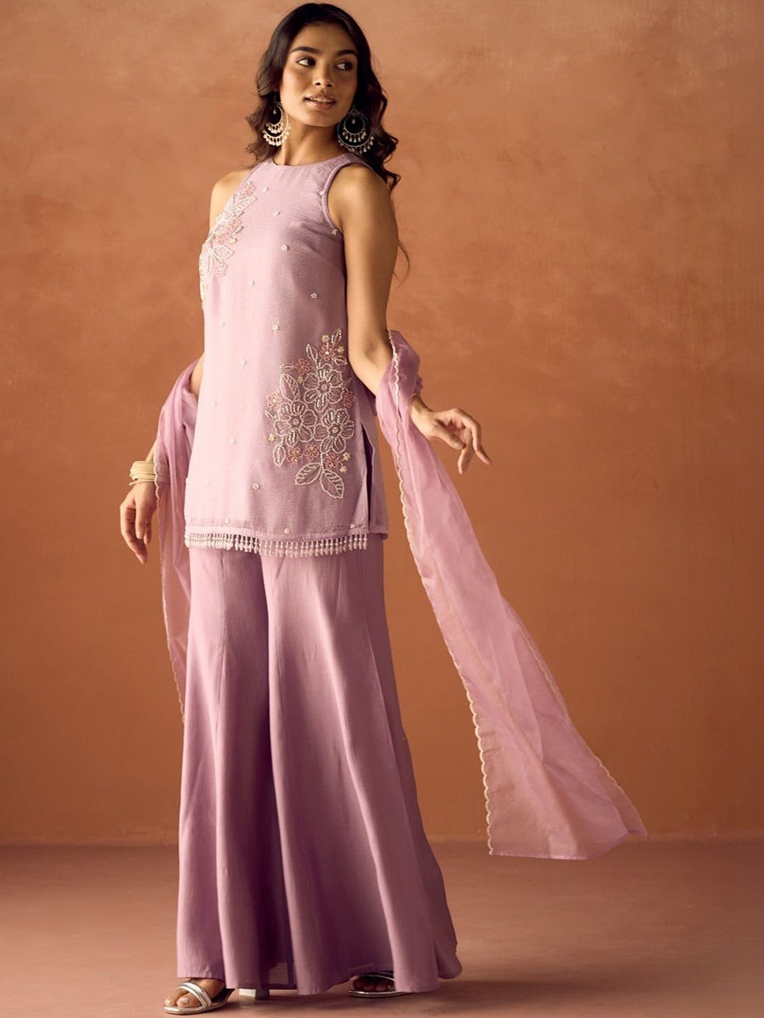 Women's Lavender Crush Organza Hand-Worked Straight Kurta Set with Dupatta