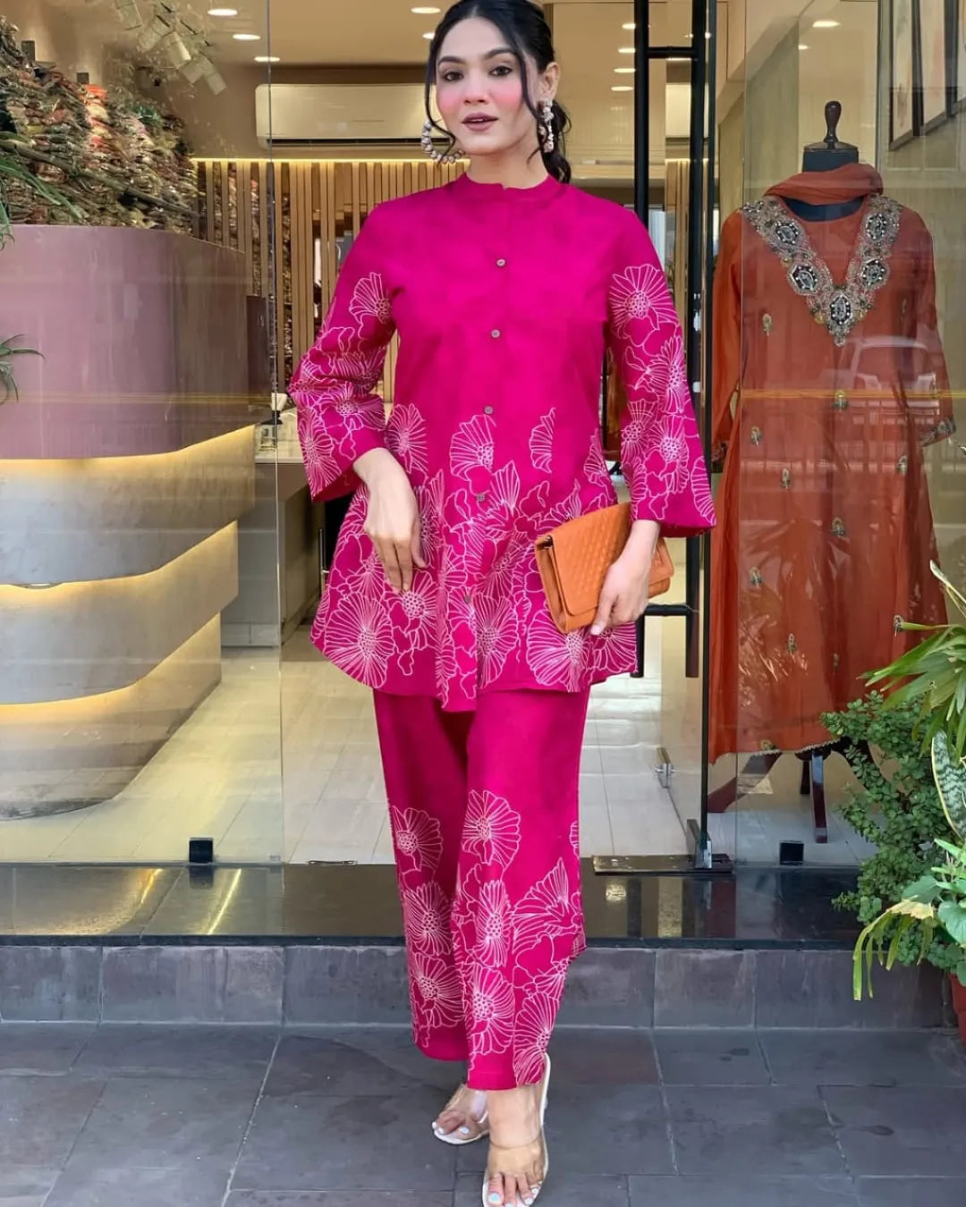 Women's Hot Pink Floral Ethnic Casual Co-Ord Set for Women
