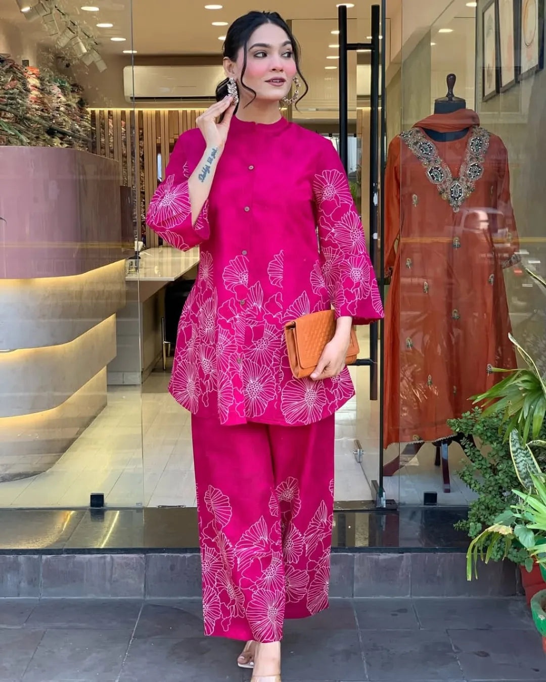 Women's Hot Pink Floral Ethnic Casual Co-Ord Set for Women