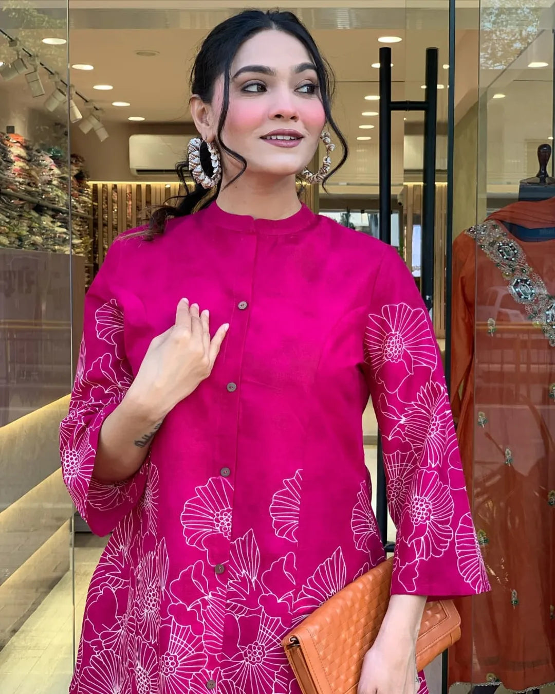 Women's Hot Pink Floral Ethnic Casual Co-Ord Set for Women