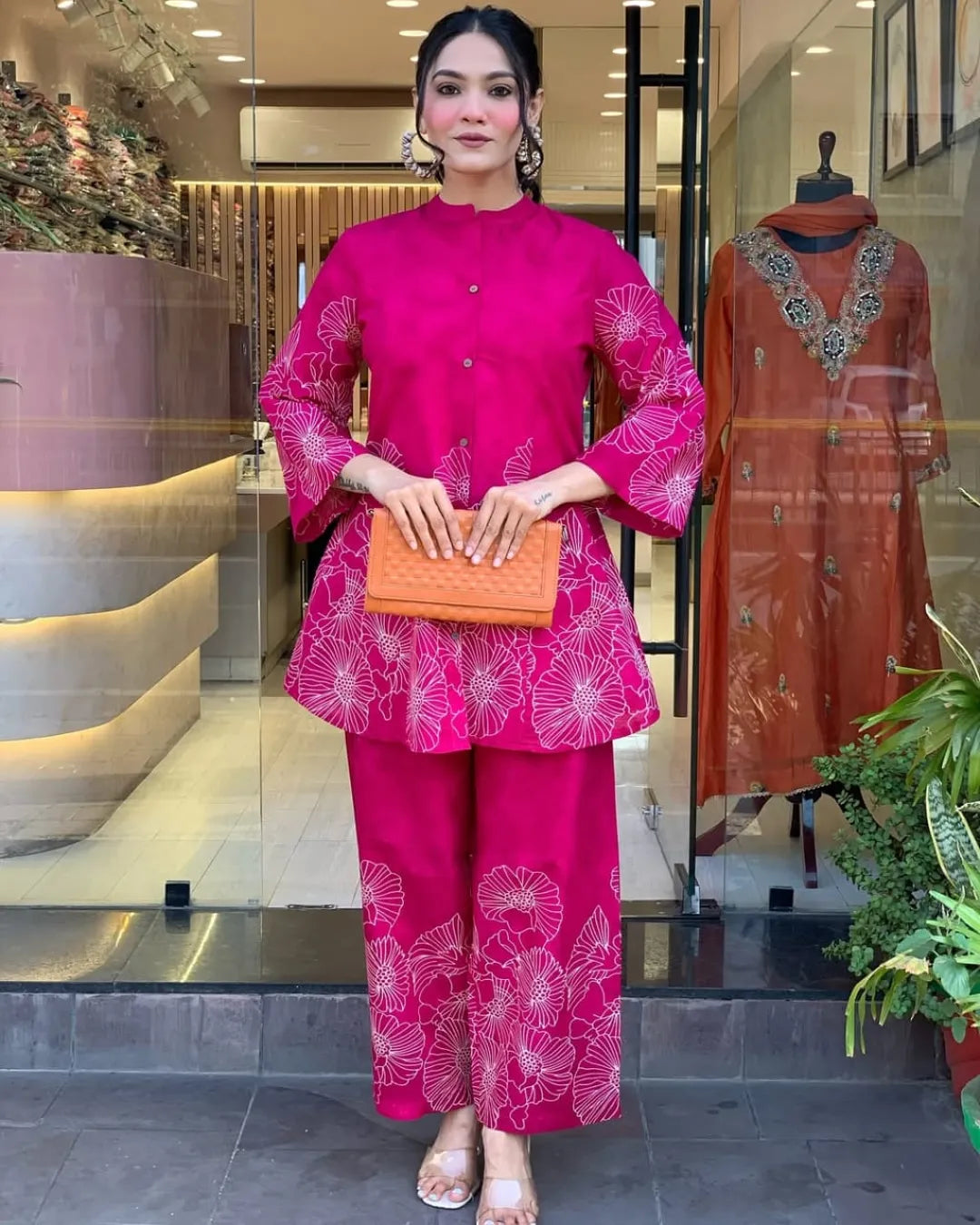 Women's Hot Pink Floral Ethnic Casual Co-Ord Set for Women