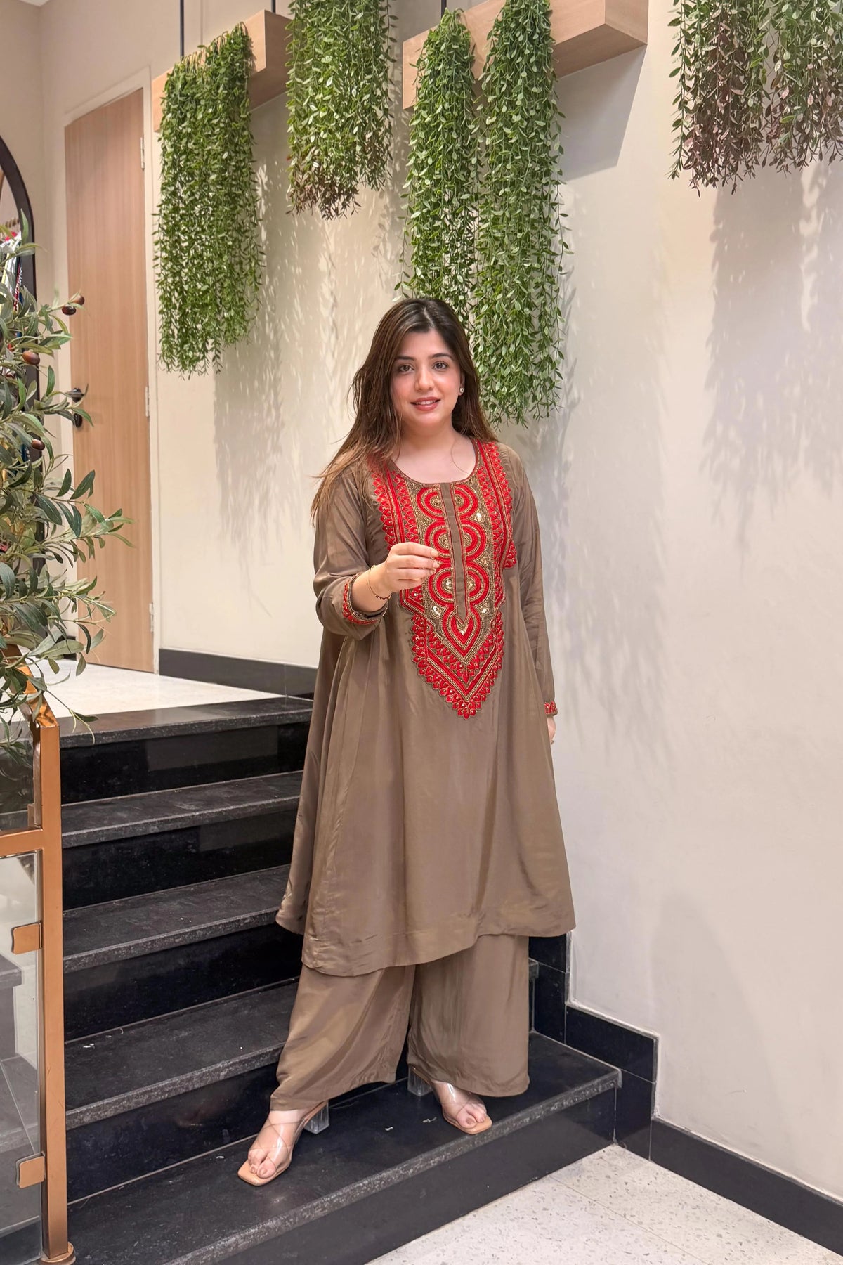 Brown Embroidered A-Line Kurta Suit Set for Women