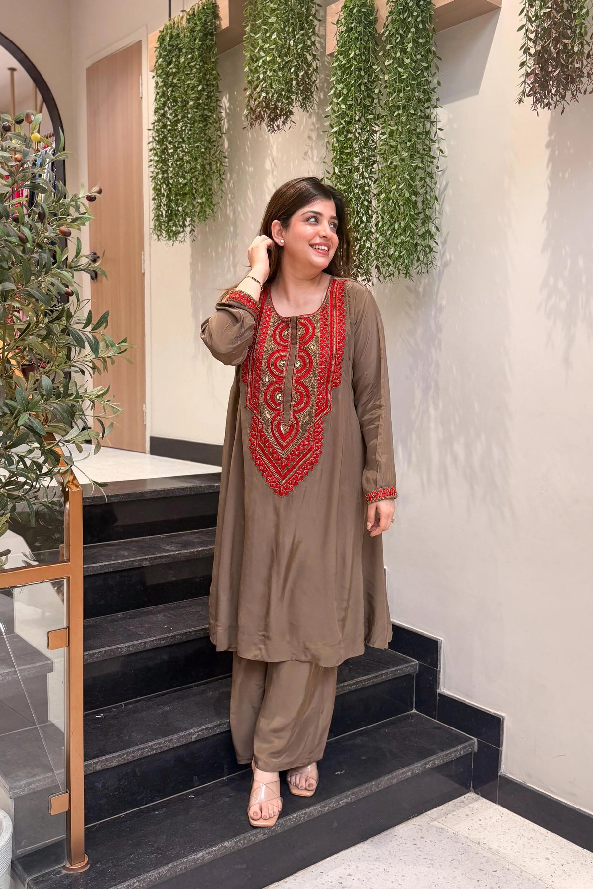 Brown Embroidered A-Line Kurta Suit Set for Women