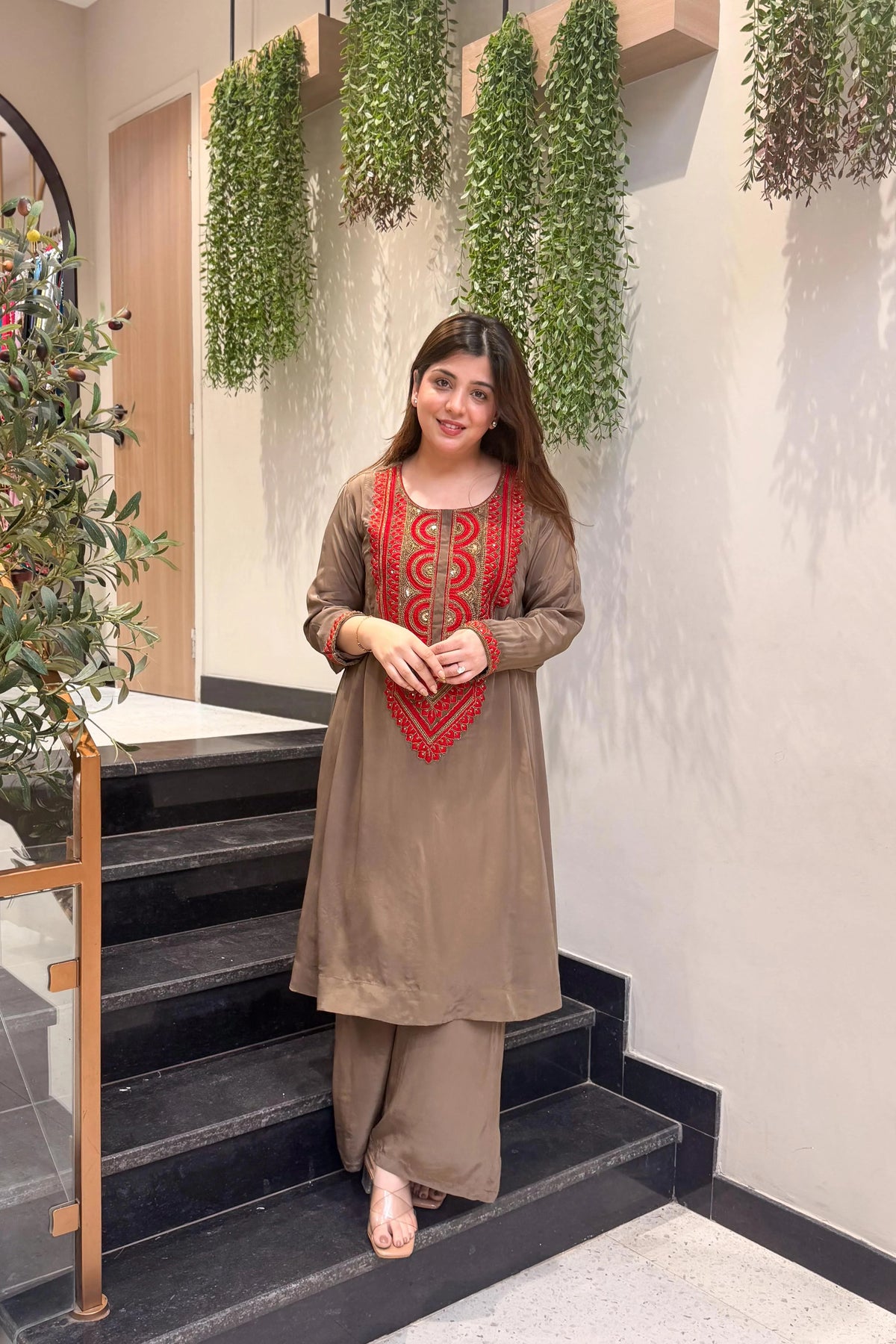 Brown Embroidered A-Line Kurta Suit Set for Women