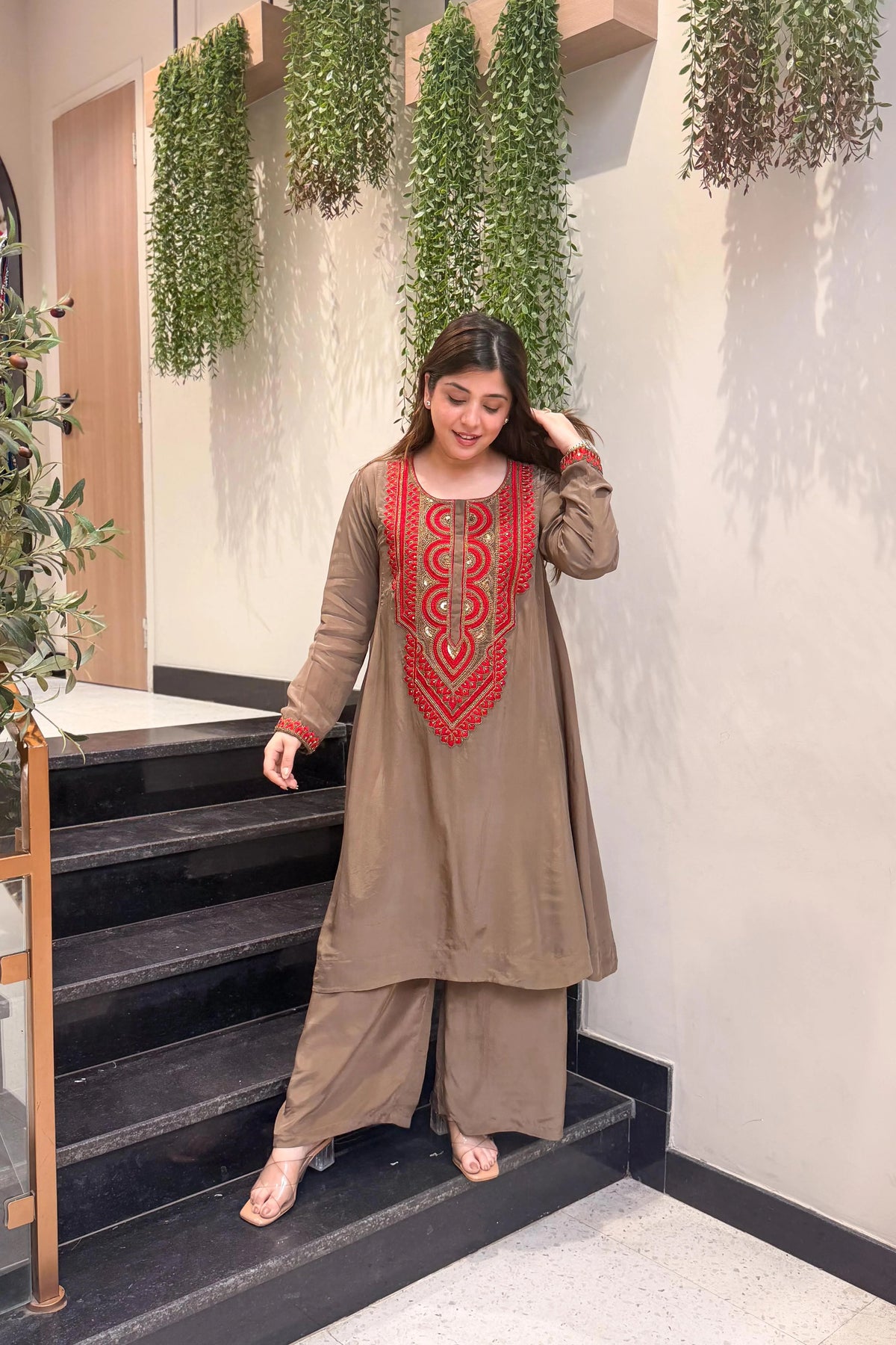 Brown Embroidered A-Line Kurta Suit Set for Women