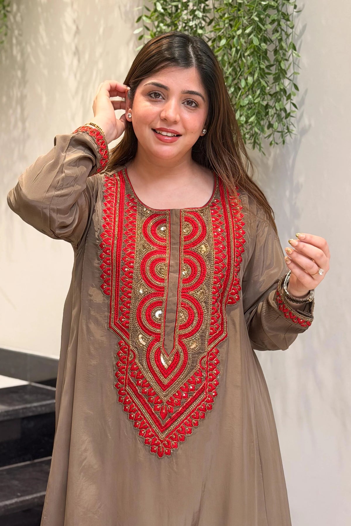 Brown Embroidered A-Line Kurta Suit Set for Women