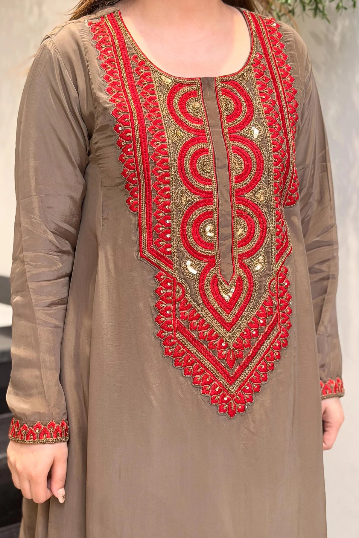 Brown Embroidered A-Line Kurta Suit Set for Women