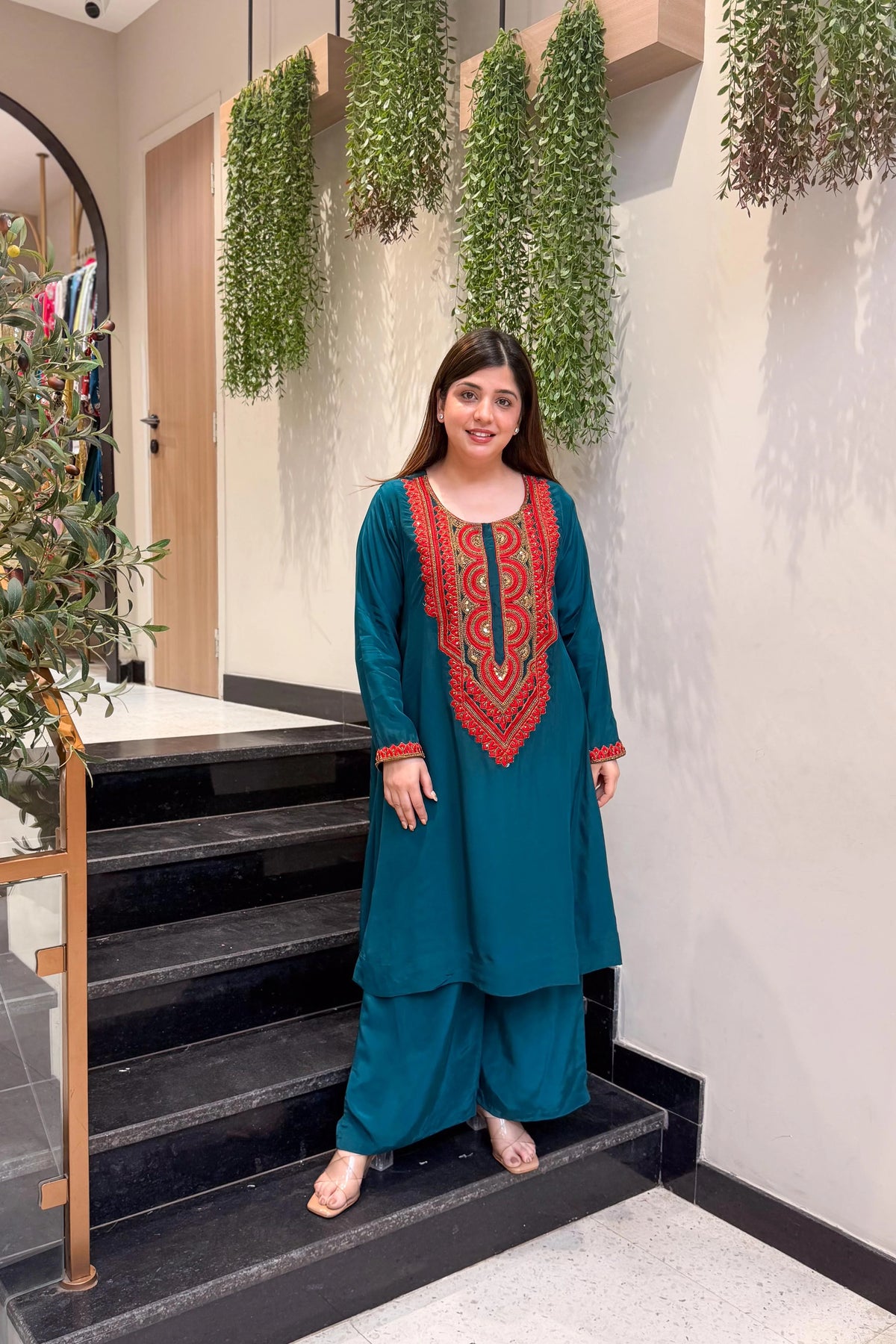 Rama Green Embroidered A-Line Kurta Suit Set for Women