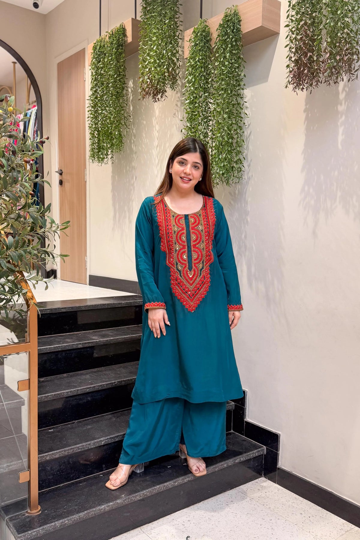 Rama Green Embroidered A-Line Kurta Suit Set for Women