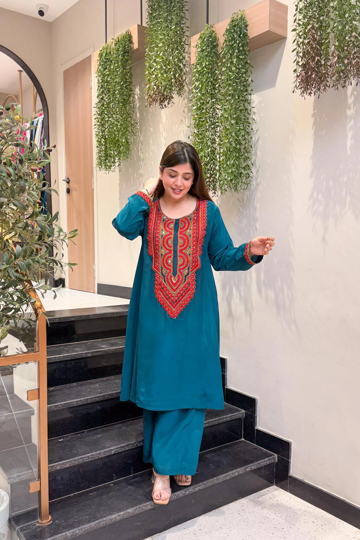 Rama Green Embroidered A-Line Kurta Suit Set for Women