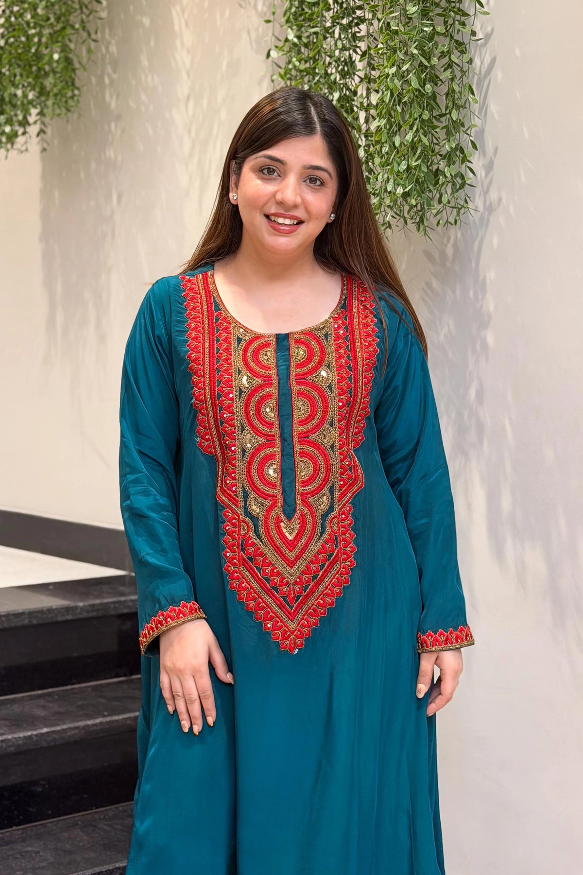 Rama Green Embroidered A-Line Kurta Suit Set for Women