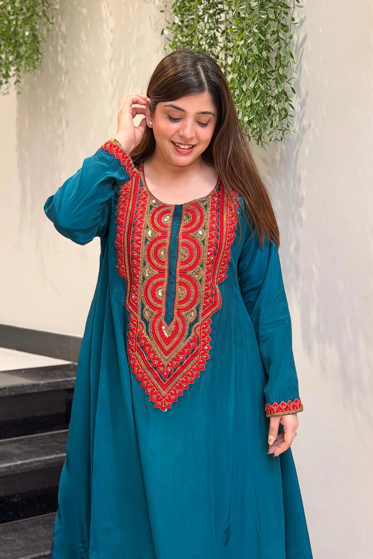 Rama Green Embroidered A-Line Kurta Suit Set for Women