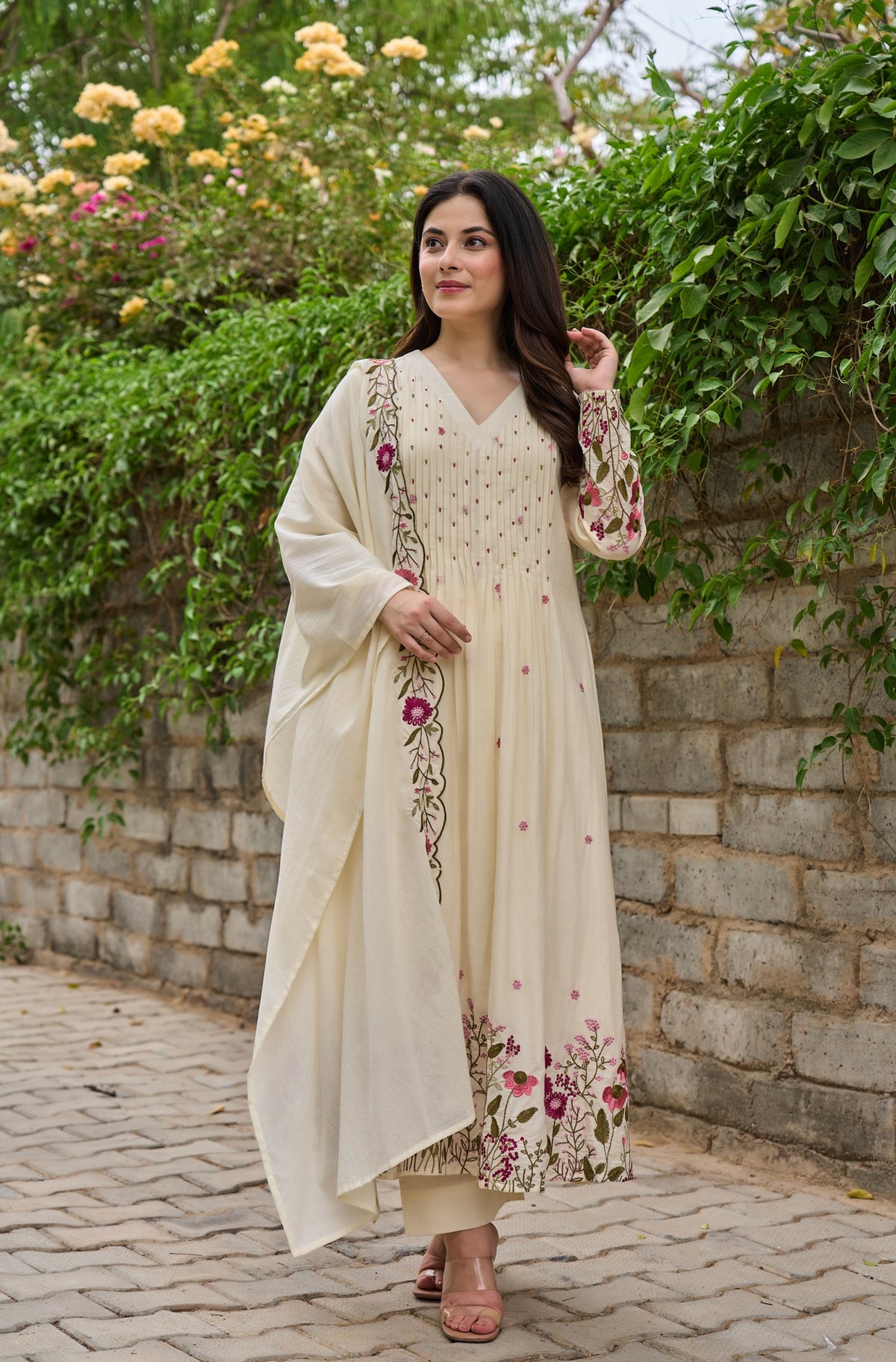 Saheli Off White Silk Anarkali Kurta Set with Dupatta for Women