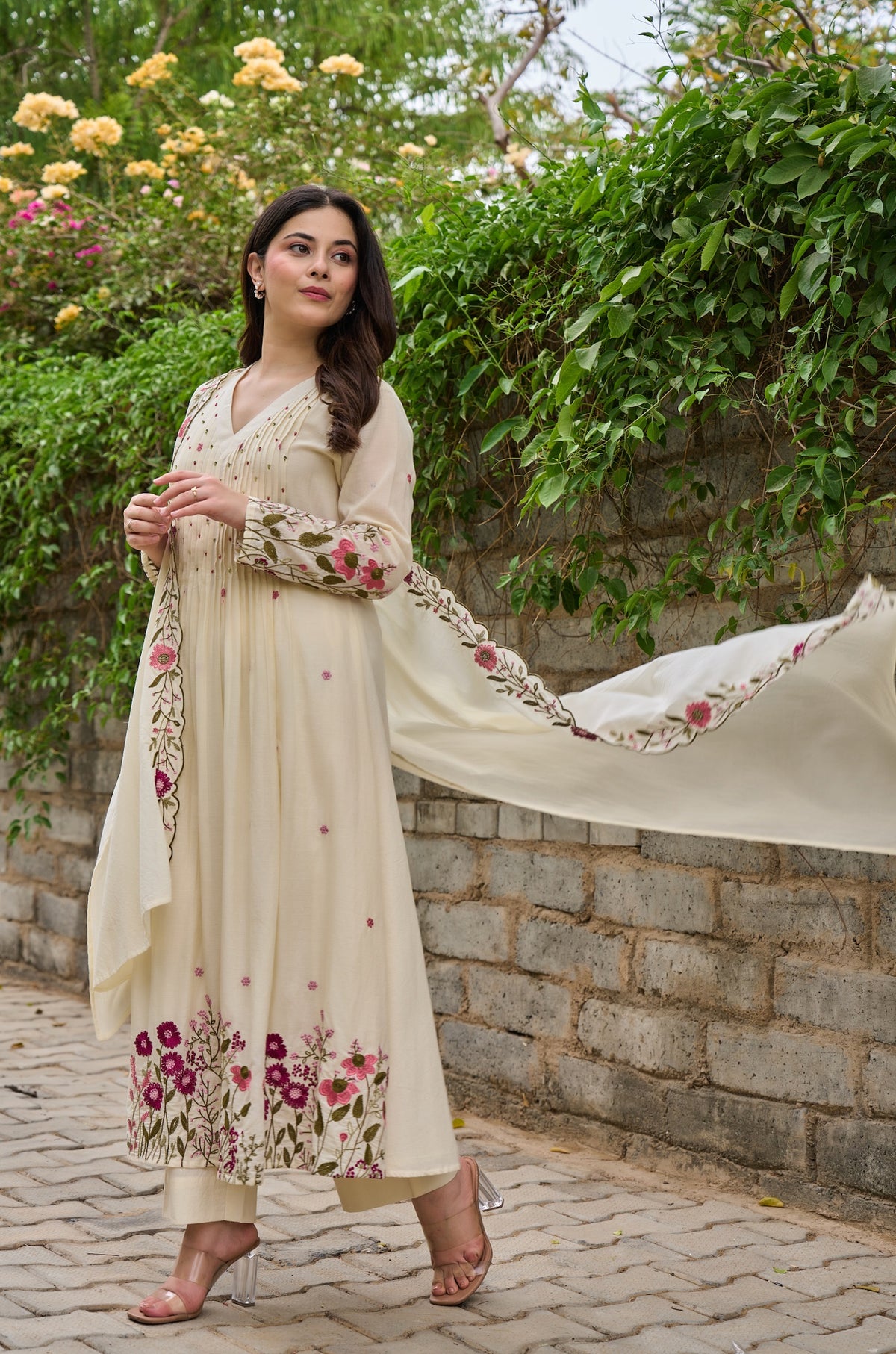 Saheli Off White Silk Anarkali Kurta Set with Dupatta for Women