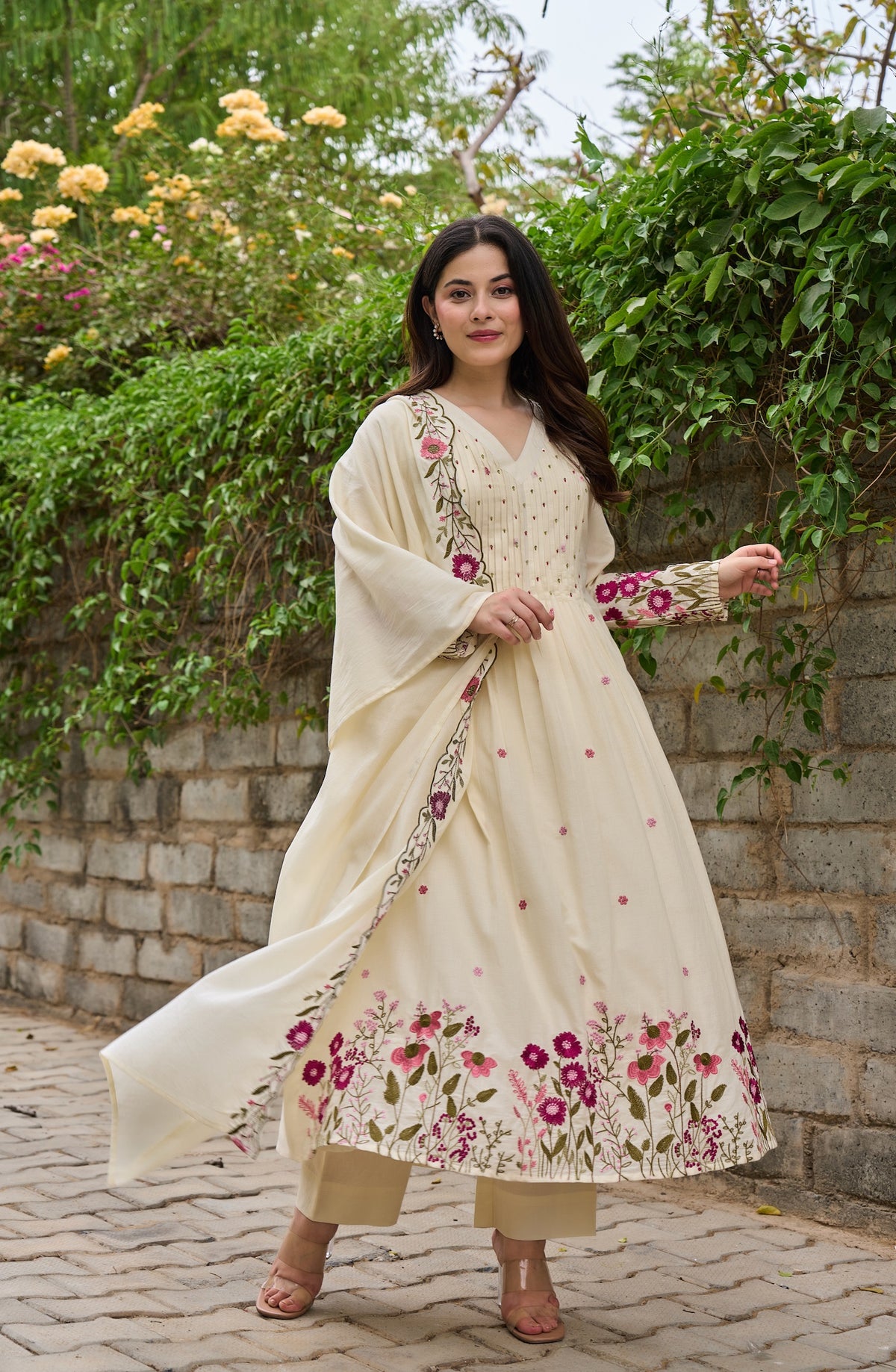 Saheli Off White Silk Anarkali Kurta Set with Dupatta for Women