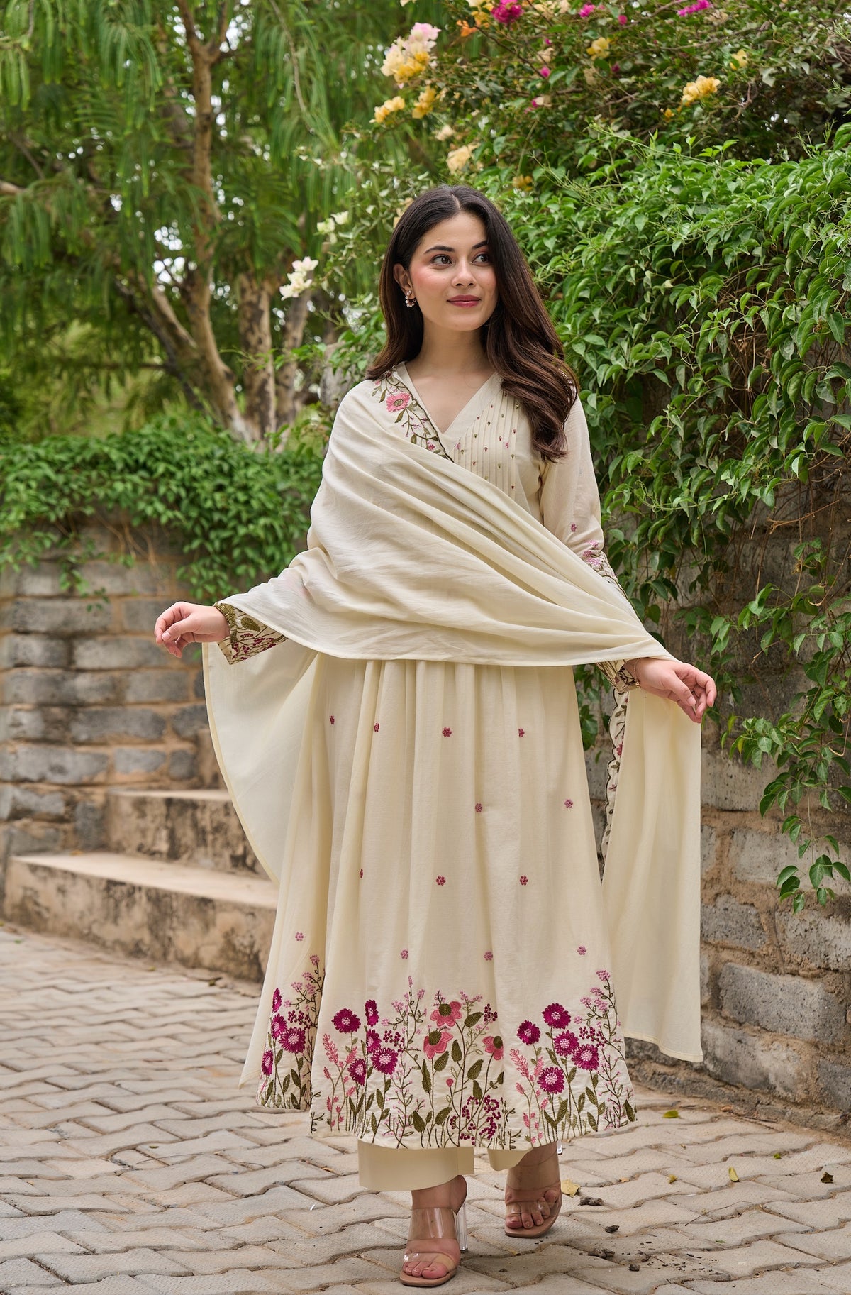 Saheli Off White Silk Anarkali Kurta Set with Dupatta for Women