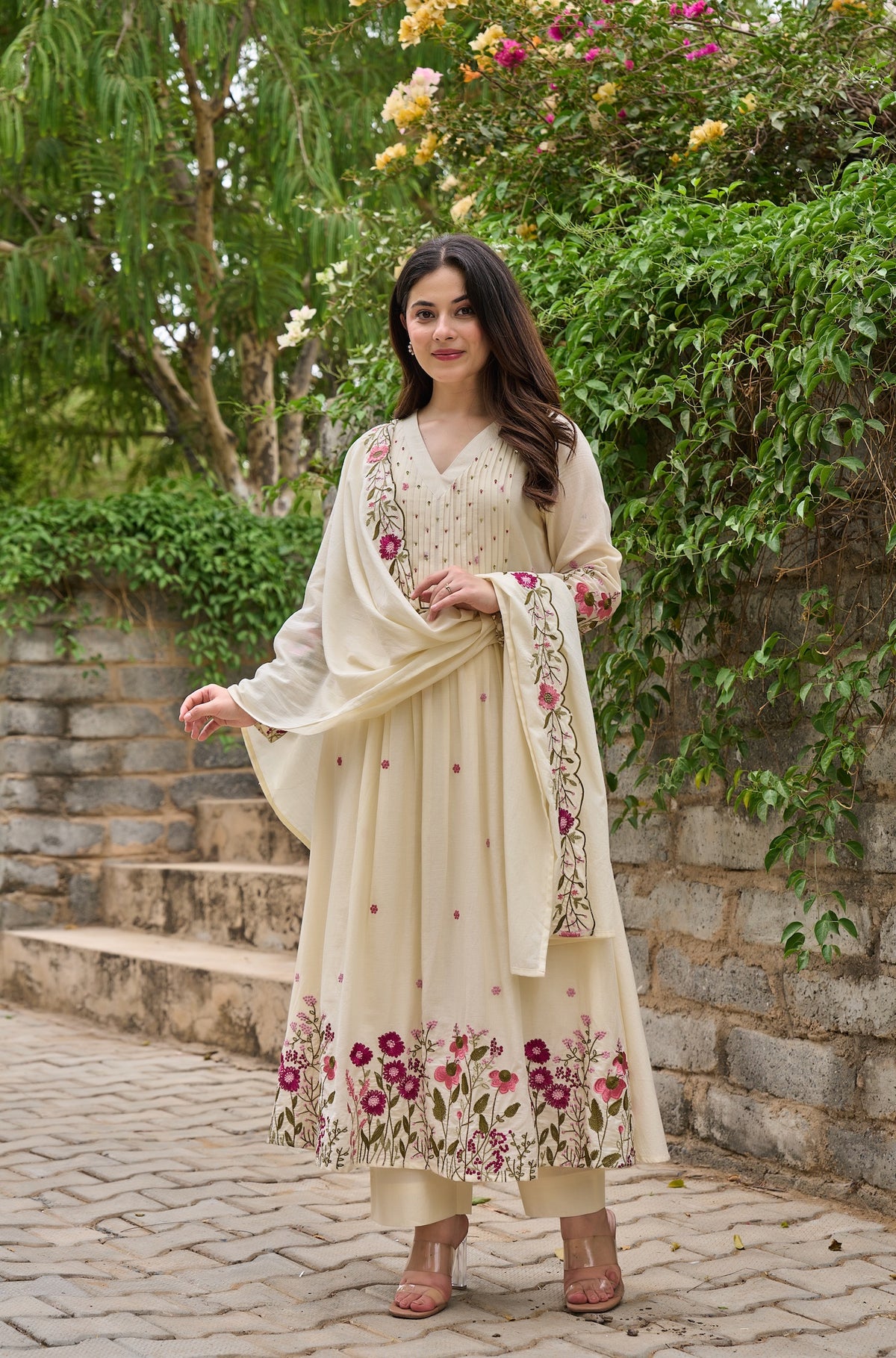 Saheli Off White Silk Anarkali Kurta Set with Dupatta for Women