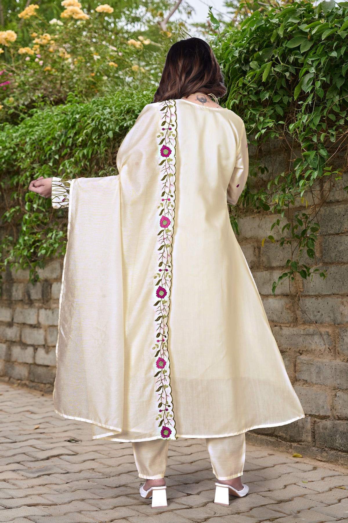 Saheli Off White Silk Anarkali Kurta Set with Dupatta for Women