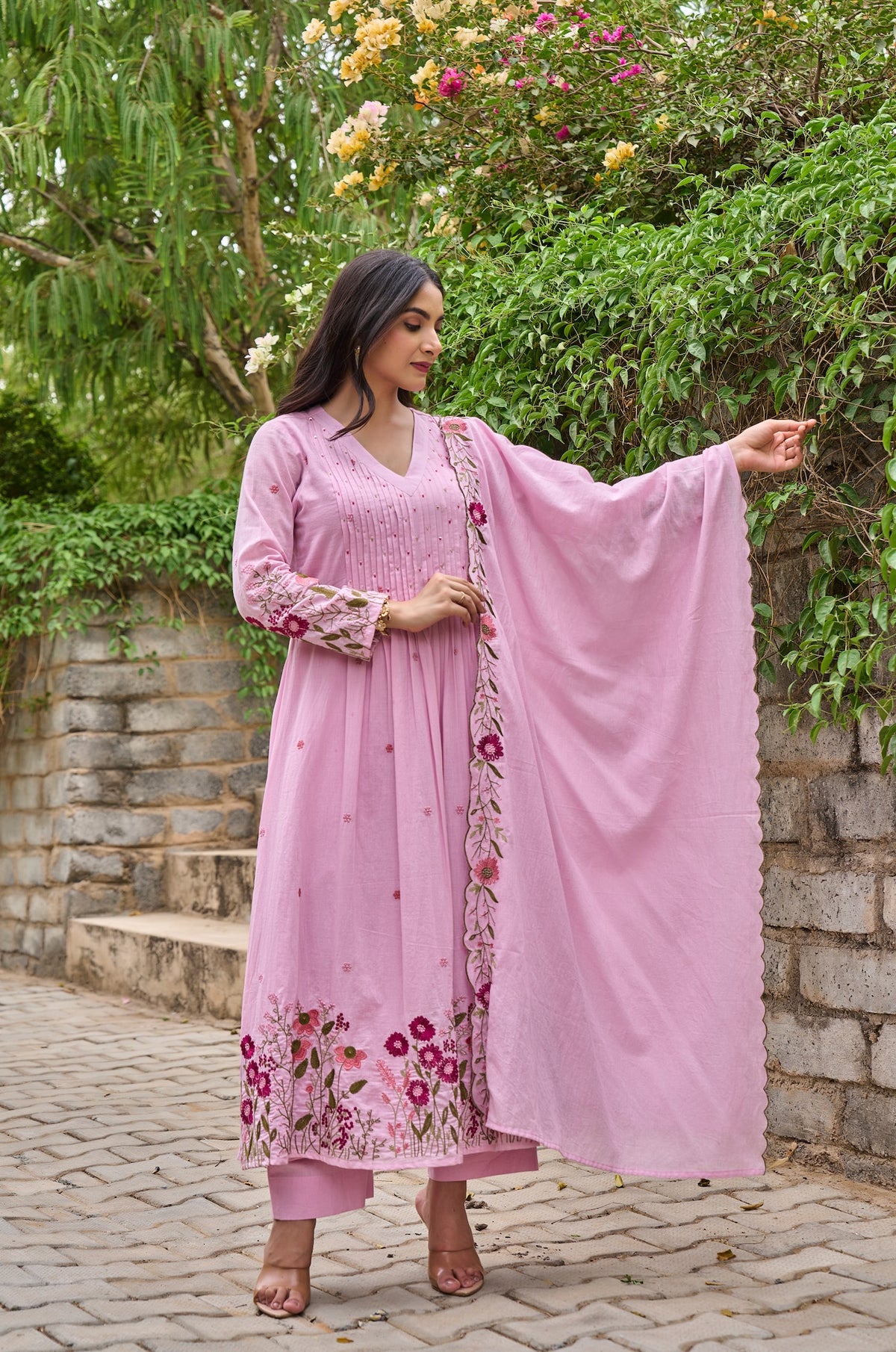 Saheli Pink Silk Anarkali Kurta Set with Dupatta for Women