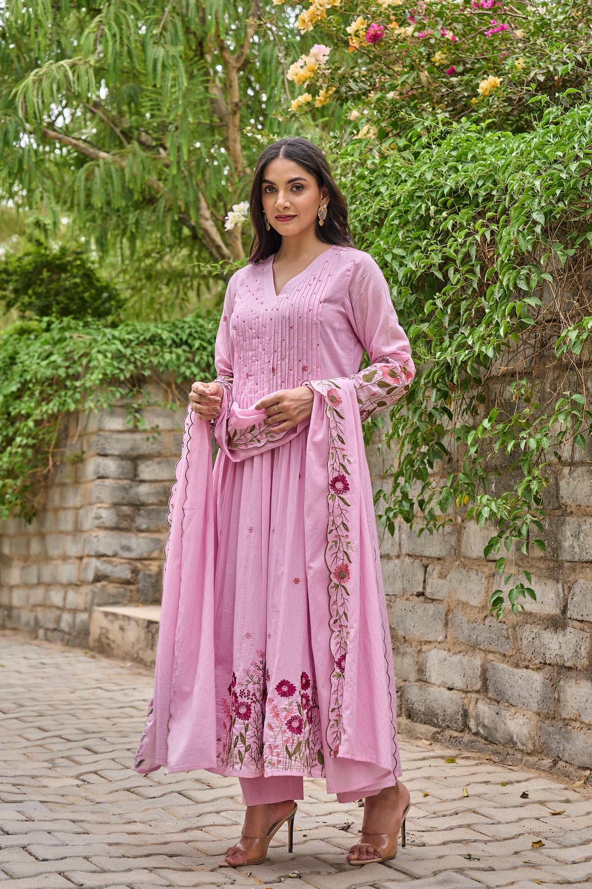 Saheli Pink Silk Anarkali Kurta Set with Dupatta for Women