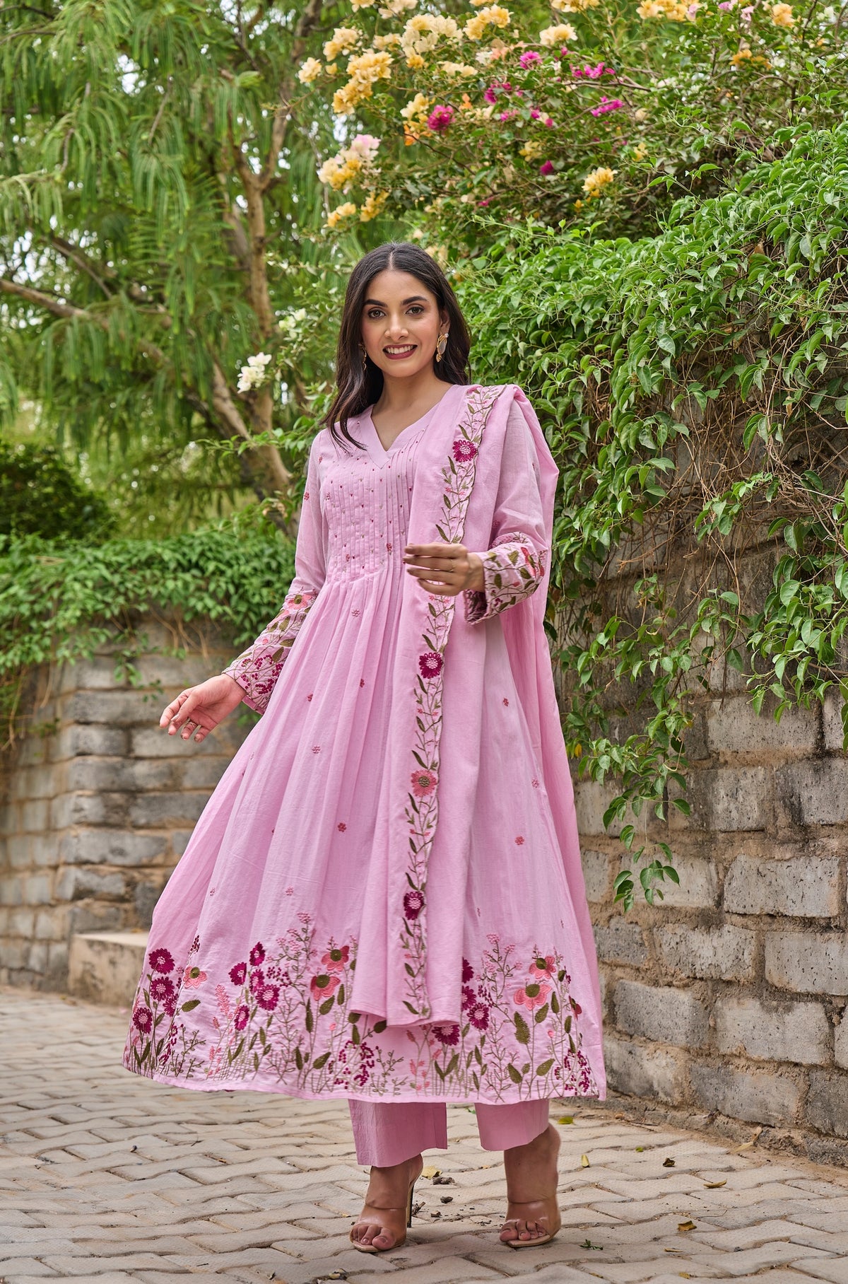 Saheli Pink Silk Anarkali Kurta Set with Dupatta for Women