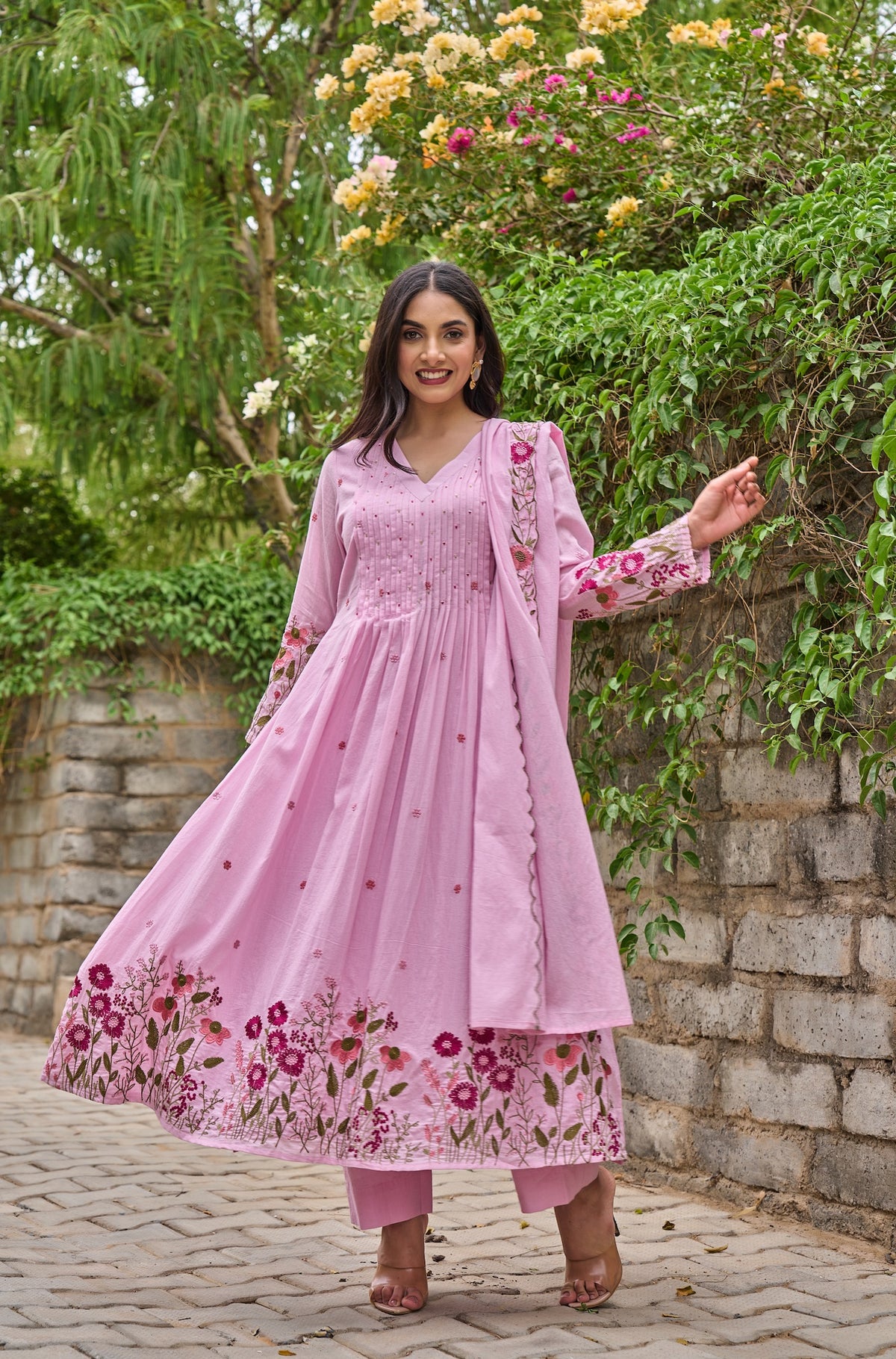 Saheli Pink Silk Anarkali Kurta Set with Dupatta for Women