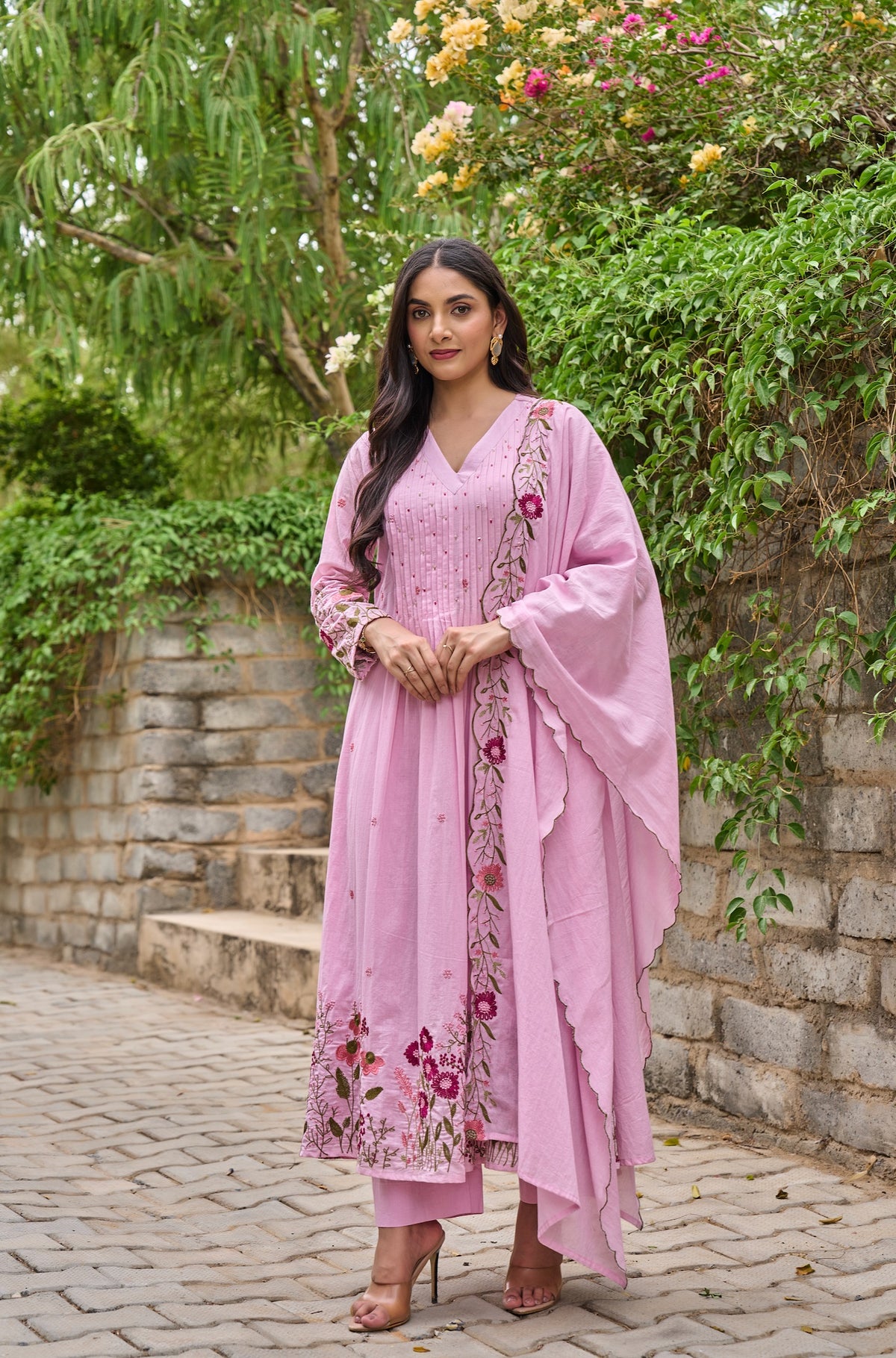 Saheli Pink Silk Anarkali Kurta Set with Dupatta for Women