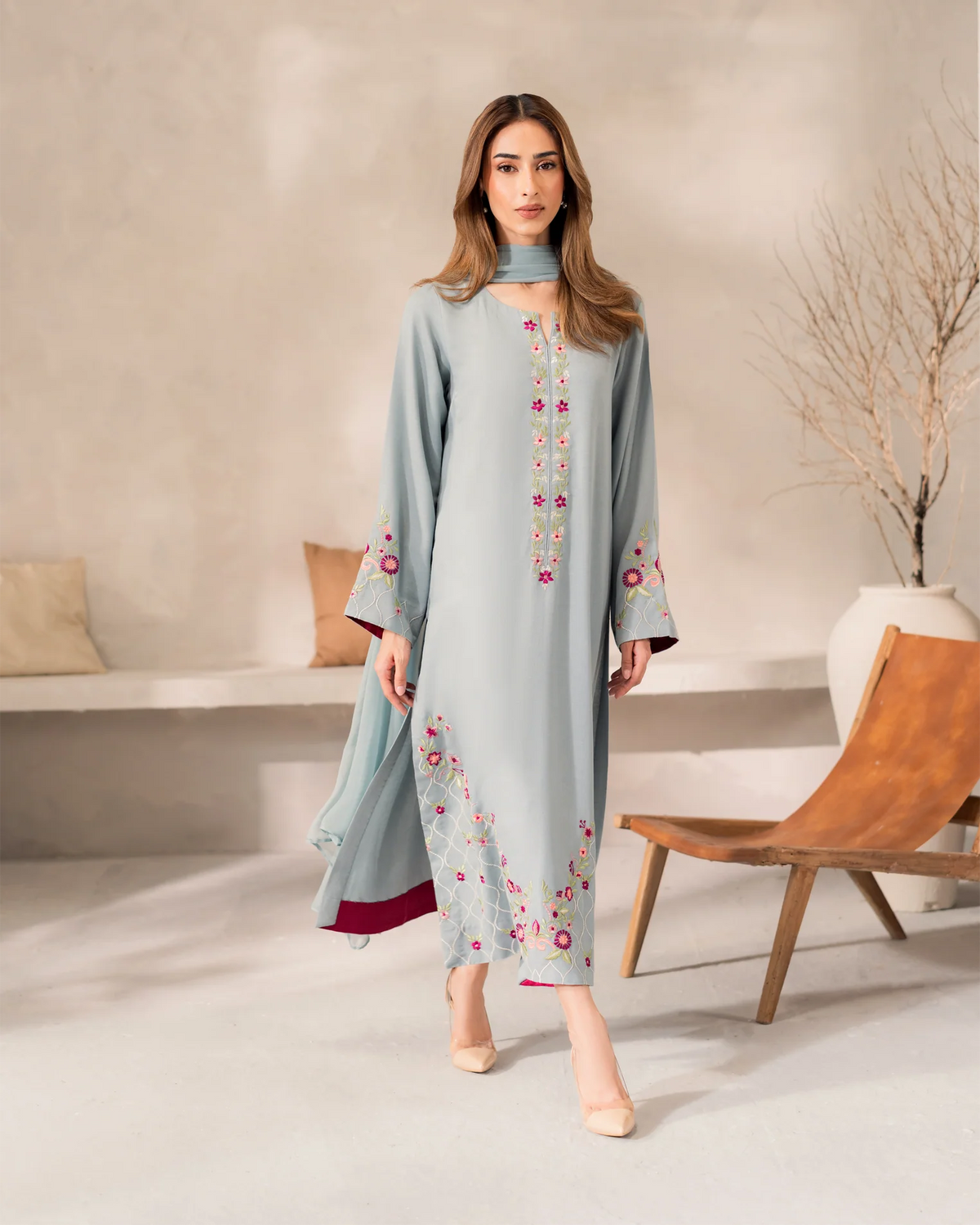 Grey Embroidered Straight Kurta Suit Set for Women