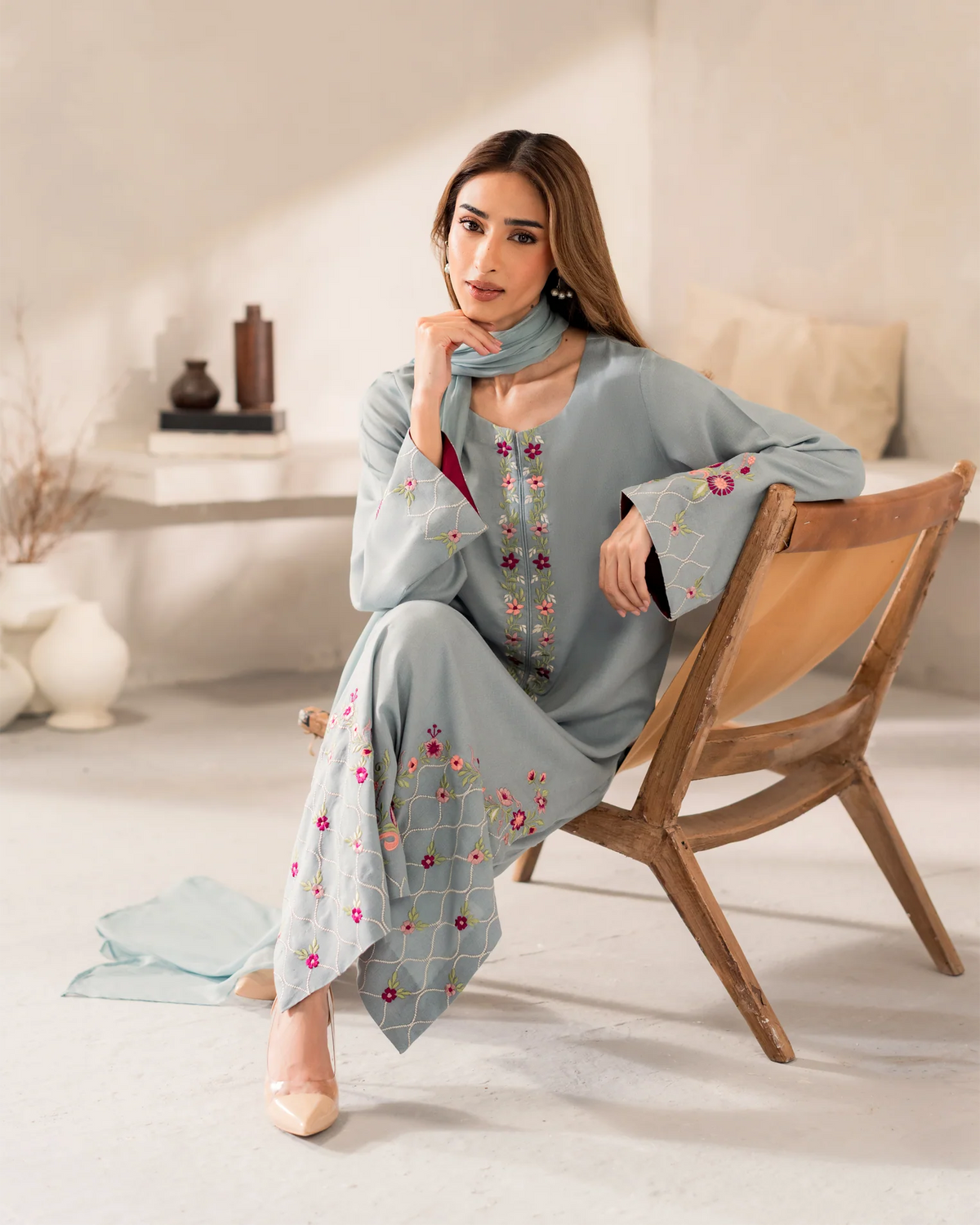 Grey Embroidered Straight Kurta Suit Set for Women