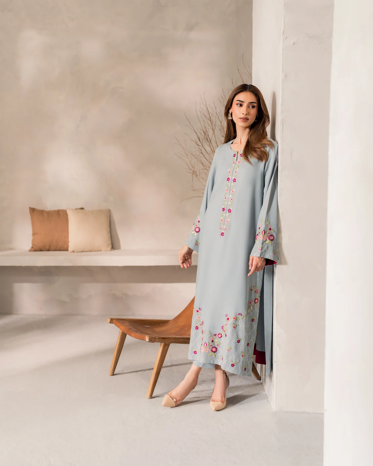 Grey Embroidered Straight Kurta Suit Set for Women
