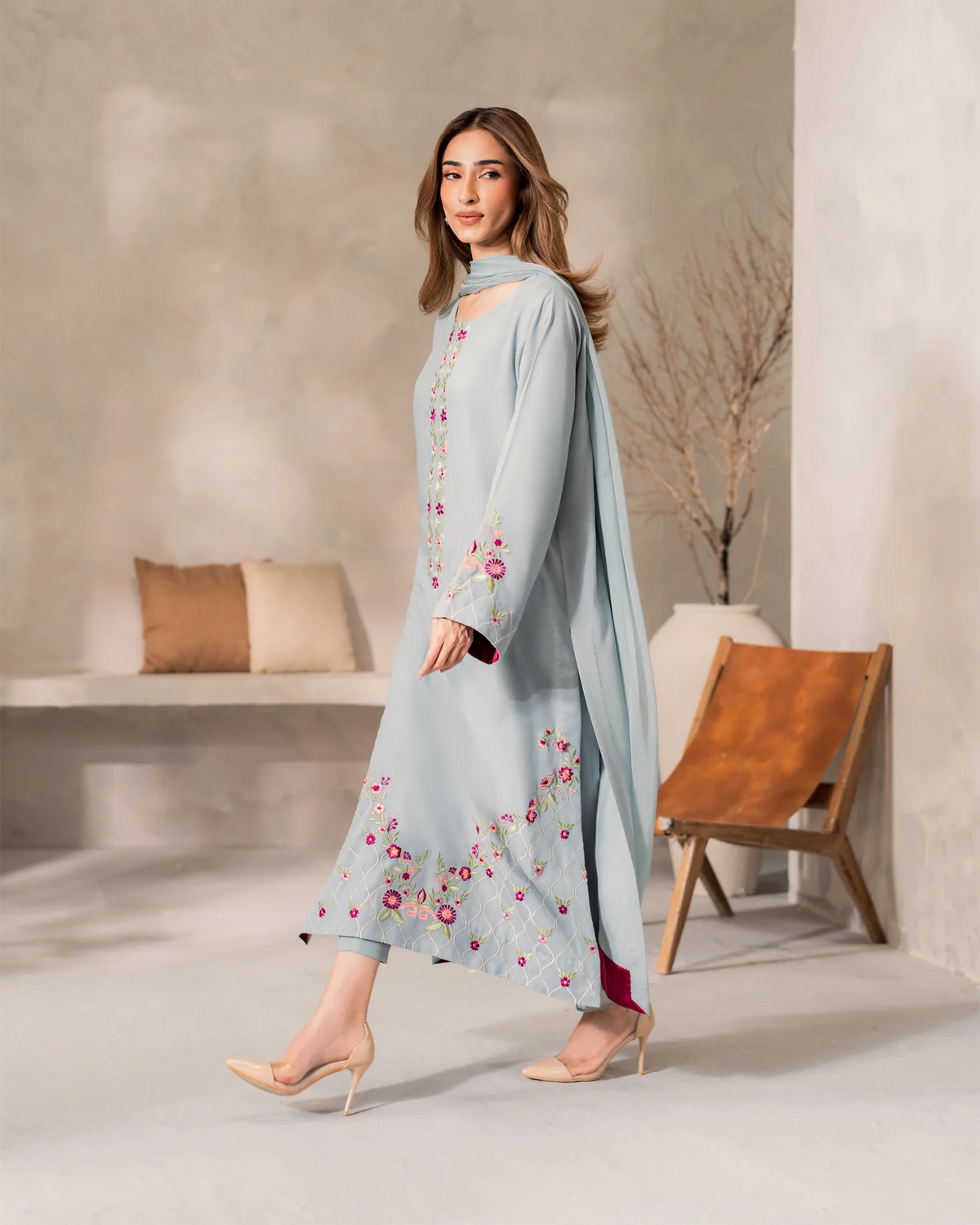 Grey Embroidered Straight Kurta Suit Set for Women