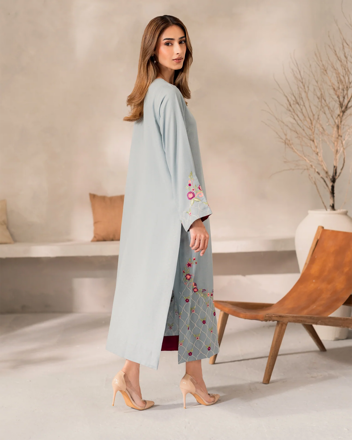 Grey Embroidered Straight Kurta Suit Set for Women