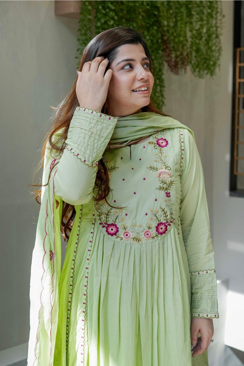 Shanvika Pista Green Silk Anarkali Kurta Set with Dupatta for Women