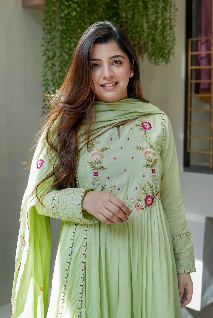 Shanvika Pista Green Silk Anarkali Kurta Set with Dupatta for Women