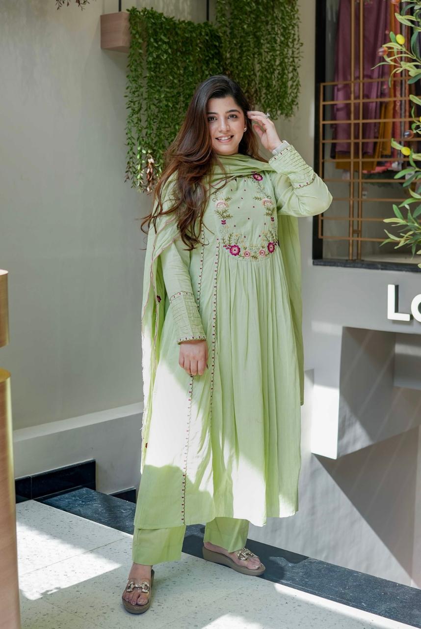 Shanvika Pista Green Silk Anarkali Kurta Set with Dupatta for Women