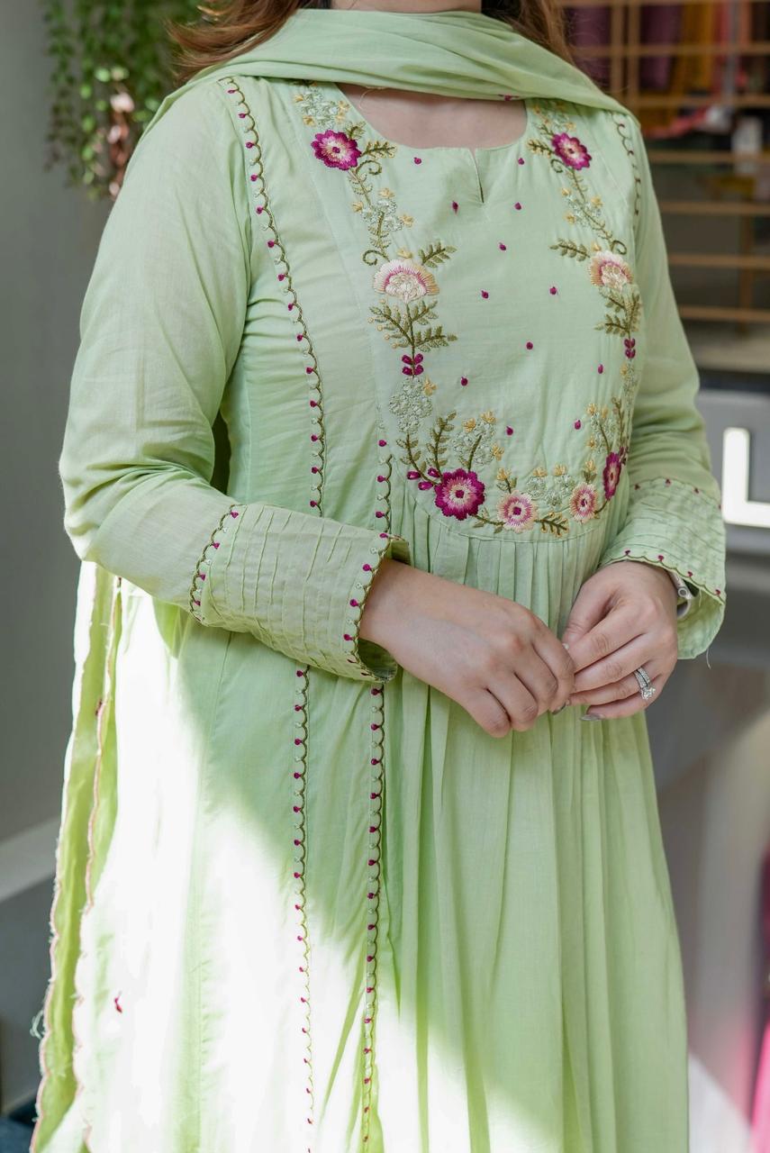 Shanvika Pista Green Silk Anarkali Kurta Set with Dupatta for Women