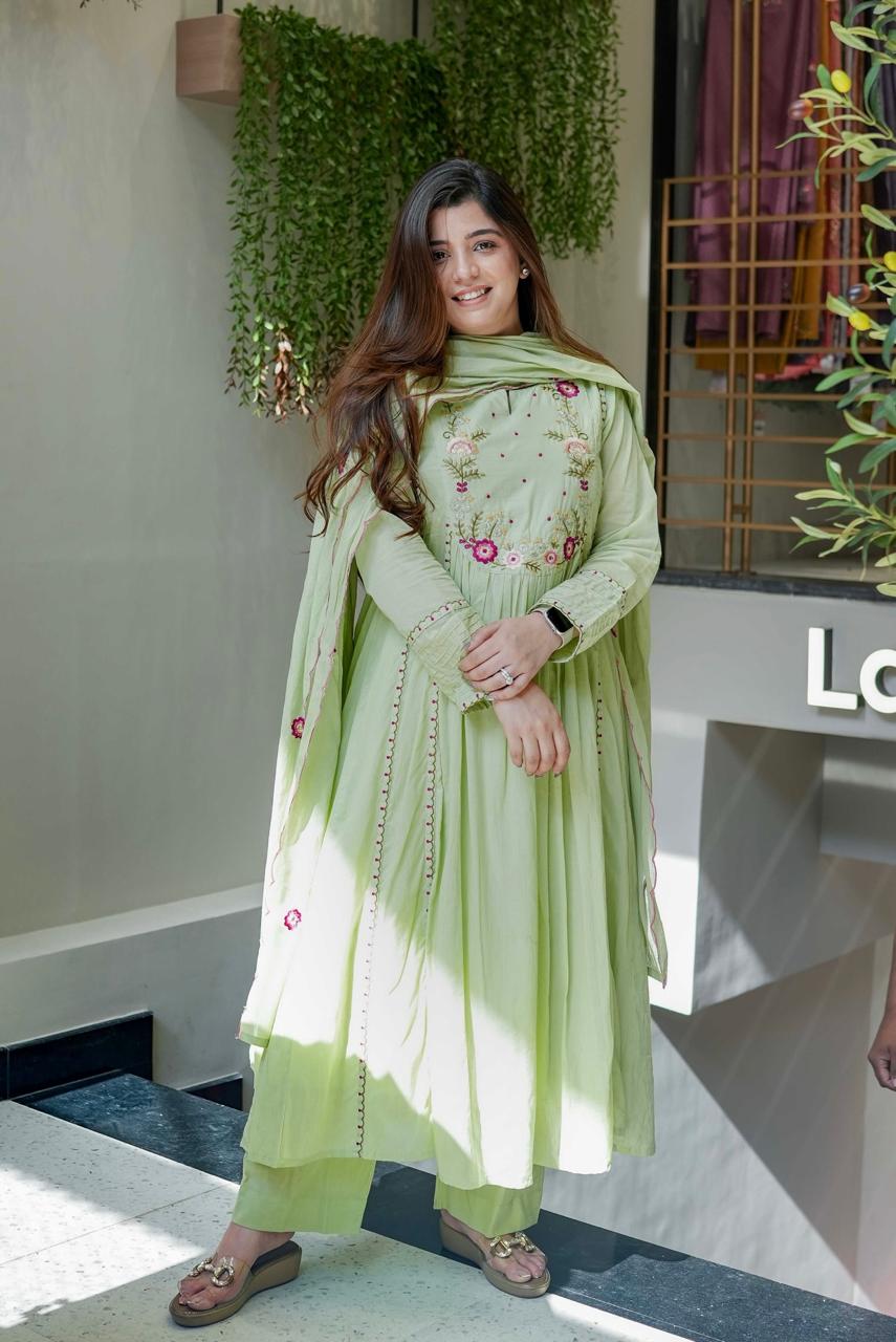 Shanvika Pista Green Silk Anarkali Kurta Set with Dupatta for Women
