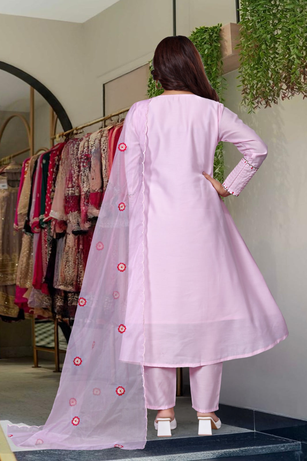Shanvika Pink Silk Anarkali Kurta Set with Dupatta for Women