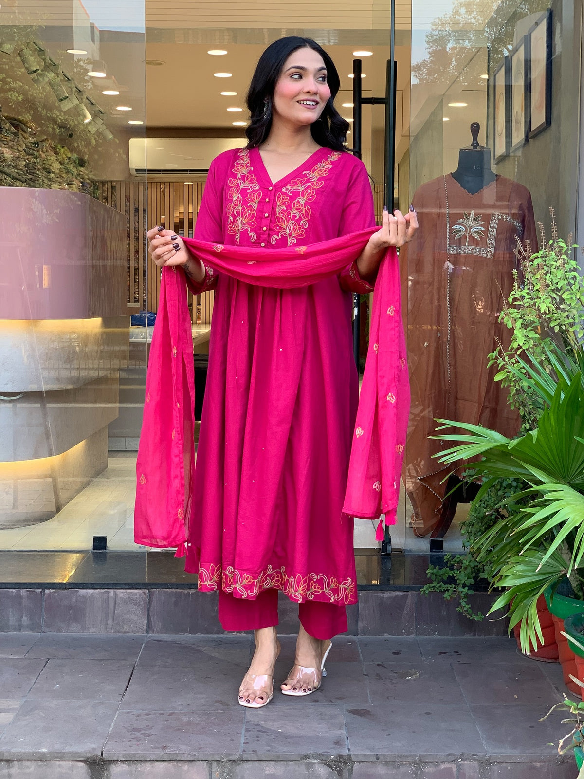 Siri Pink Silk Anarkali Kurta Set with Dupatta for Women