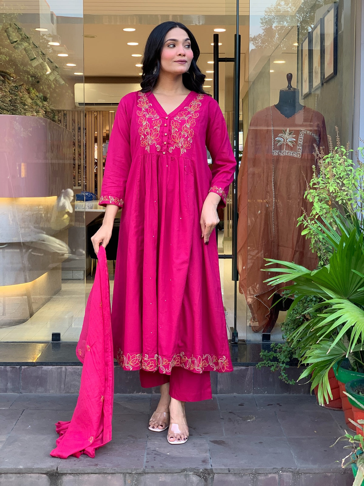 Siri Pink Silk Anarkali Kurta Set with Dupatta for Women