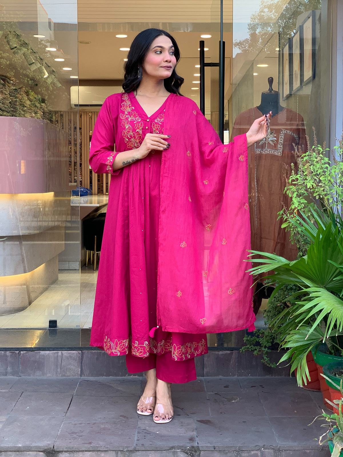 Siri Pink Silk Anarkali Kurta Set with Dupatta for Women